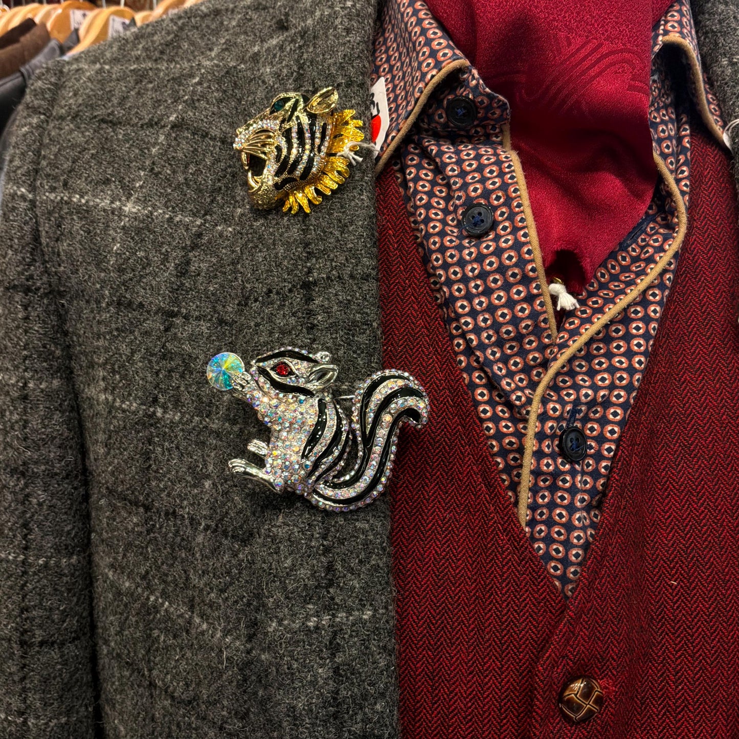 Vintage Butler and Wilson Large Crystal Squirrel Brooch, Silver tone with black enamel and rainbow rhinestones