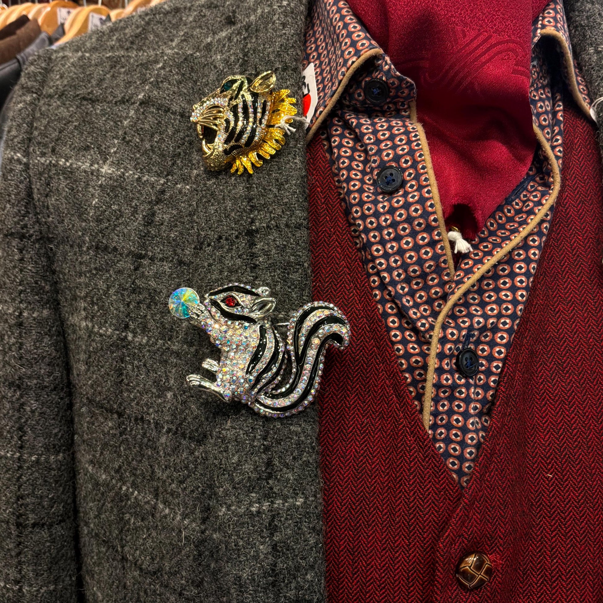 Vintage Butler and Wilson Large Crystal Squirrel Brooch, Silver tone with black enamel and rainbow rhinestones