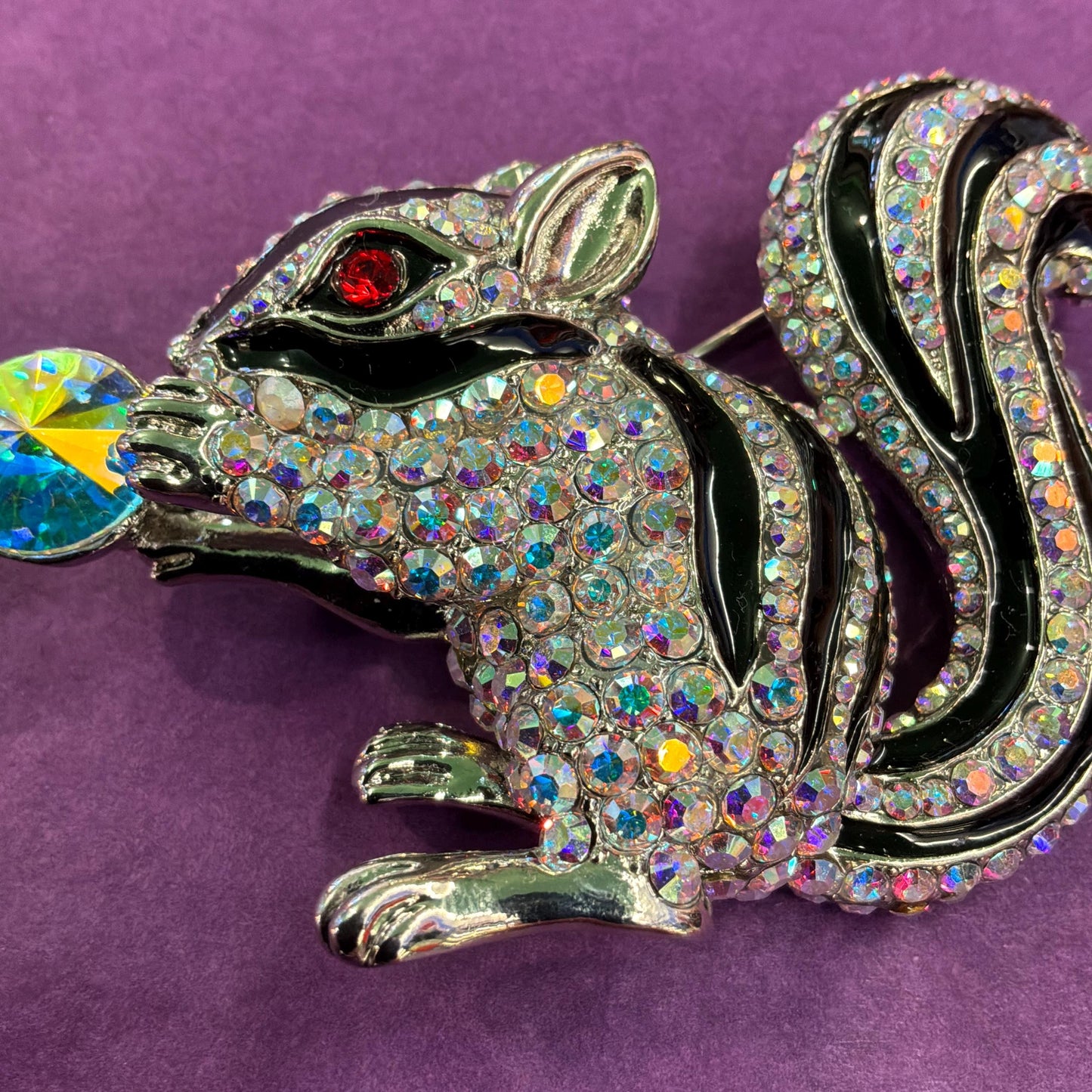 Vintage Butler and Wilson Large Crystal Squirrel Brooch, Silver tone with black enamel and rainbow rhinestones