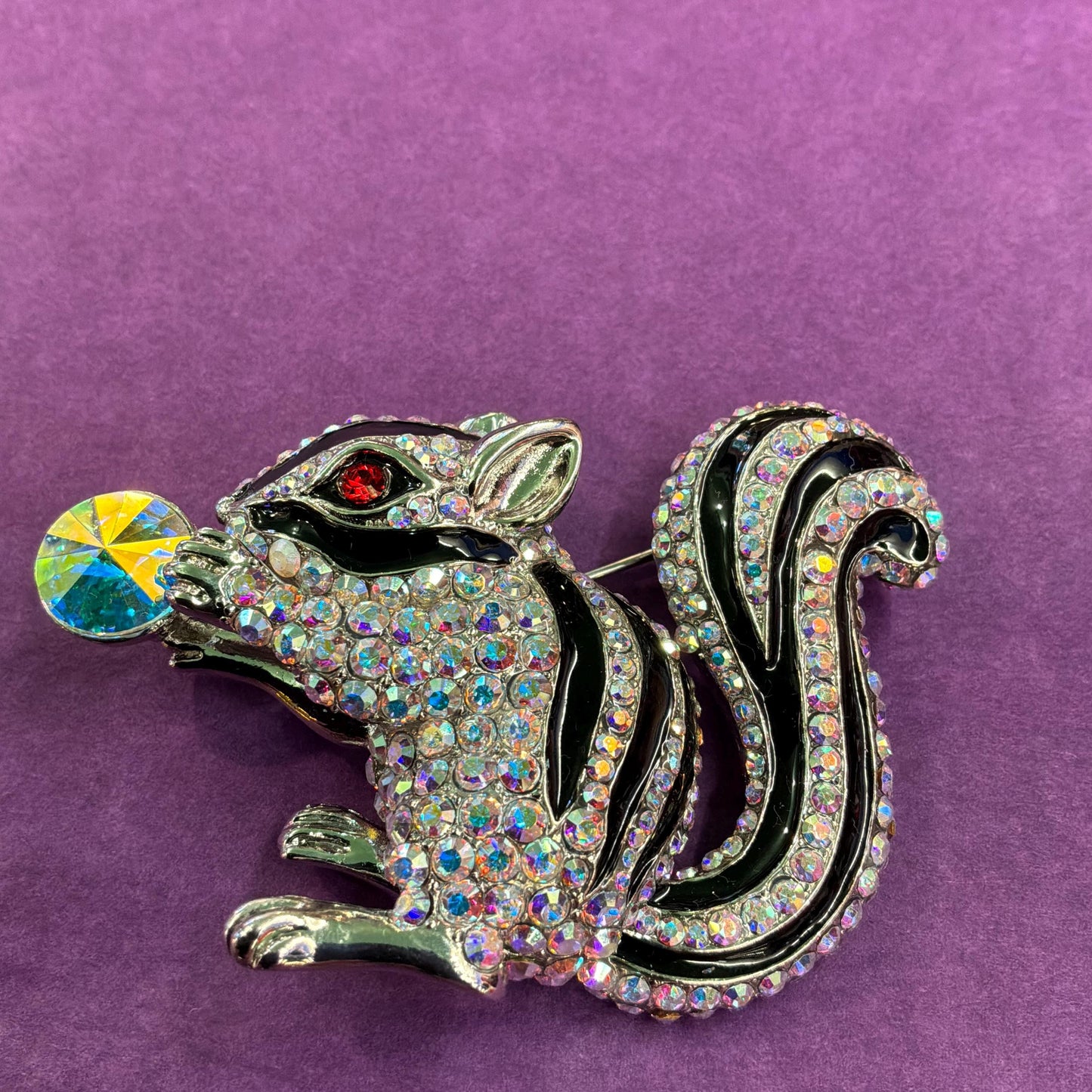 Vintage Butler and Wilson Large Crystal Squirrel Brooch, Silver tone with black enamel and rainbow rhinestones