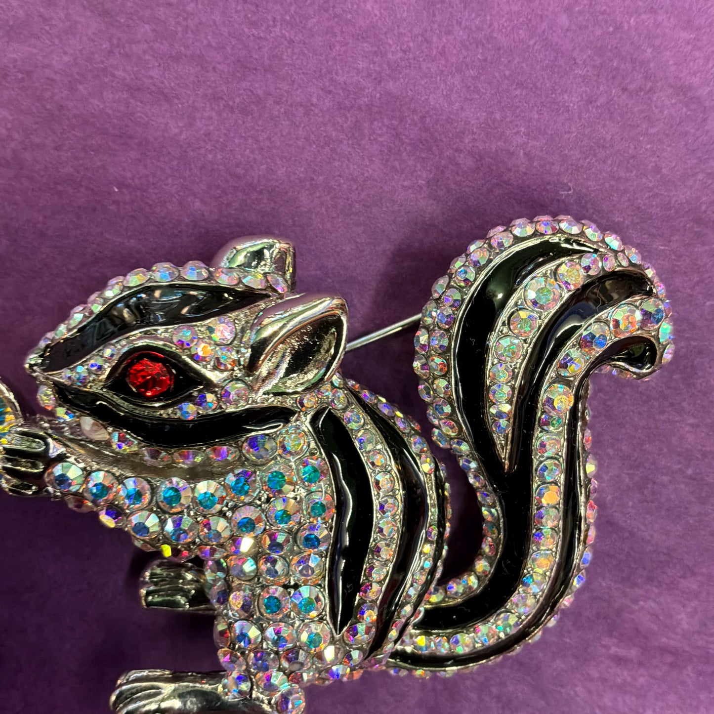 Vintage Butler and Wilson Large Crystal Squirrel Brooch, Silver tone with black enamel and rainbow rhinestones