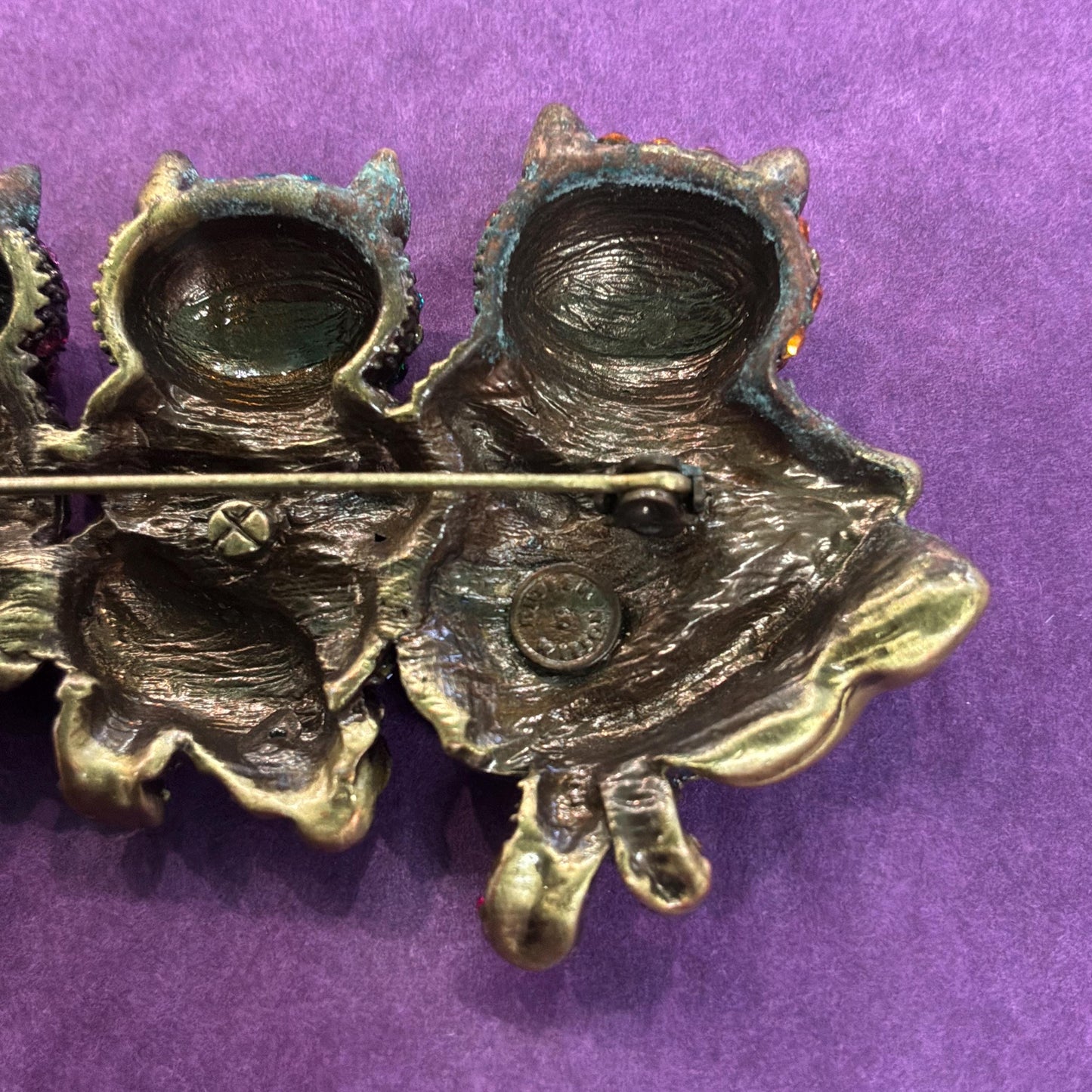 Vintage Butler and Wilson Large Crystal Dancing Cats Brooch, Old gold tone with rainbow rhinestones