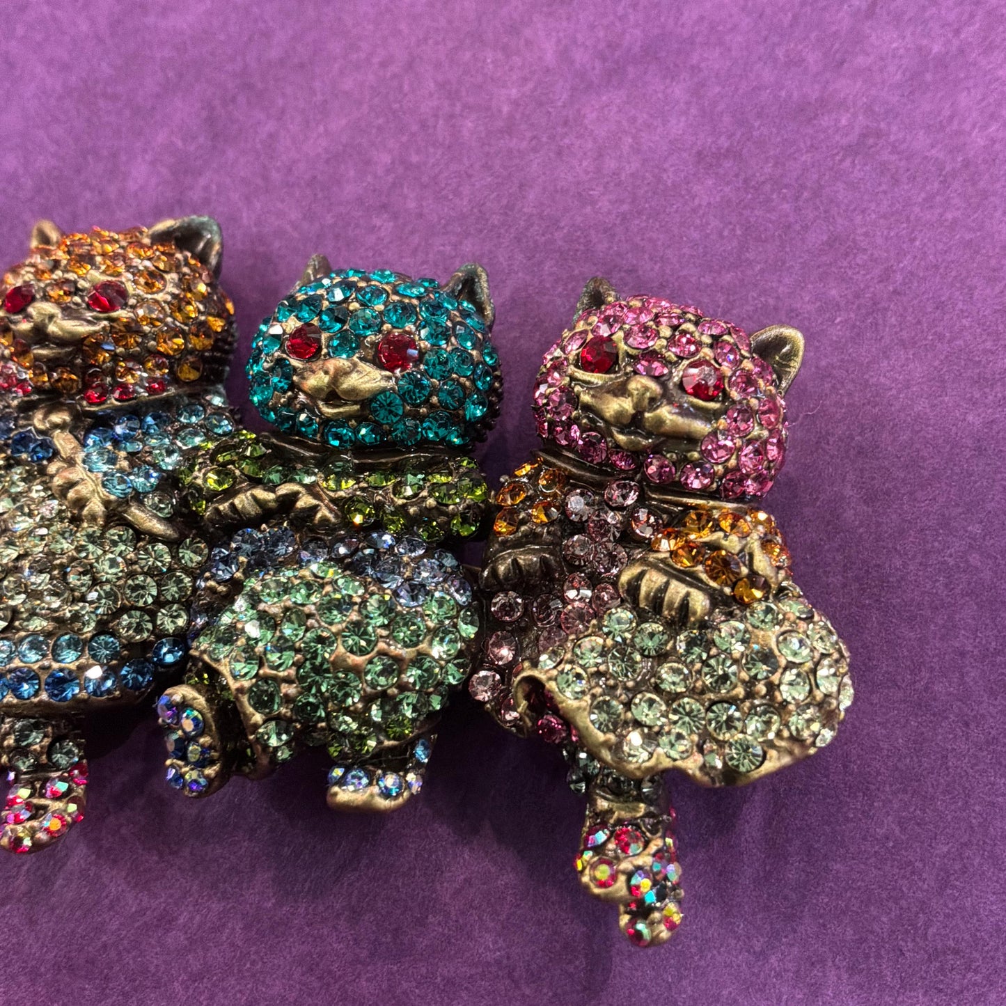 Vintage Butler and Wilson Large Crystal Dancing Cats Brooch, Old gold tone with rainbow rhinestones