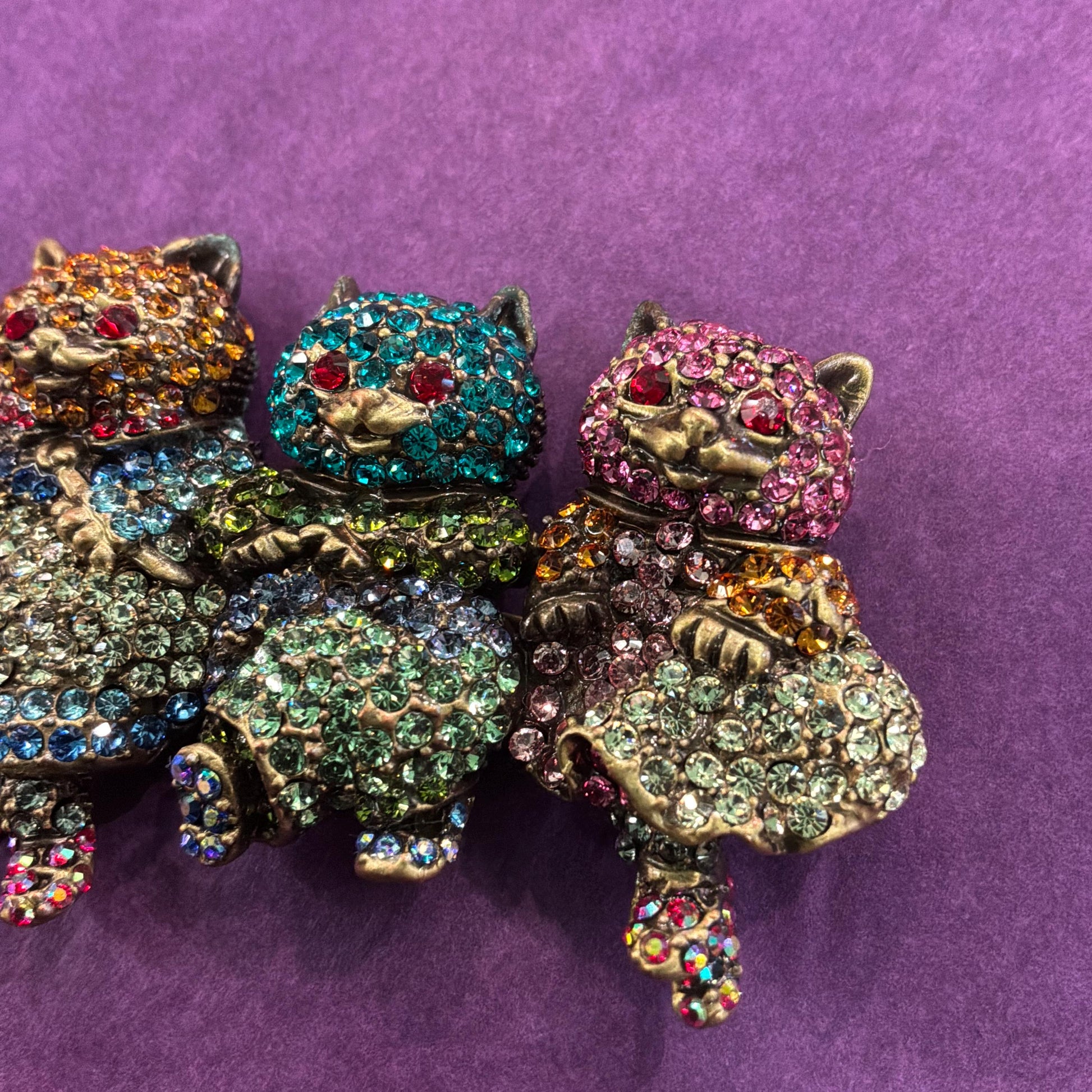 Vintage Butler and Wilson Large Crystal Dancing Cats Brooch, Old gold tone with rainbow rhinestones