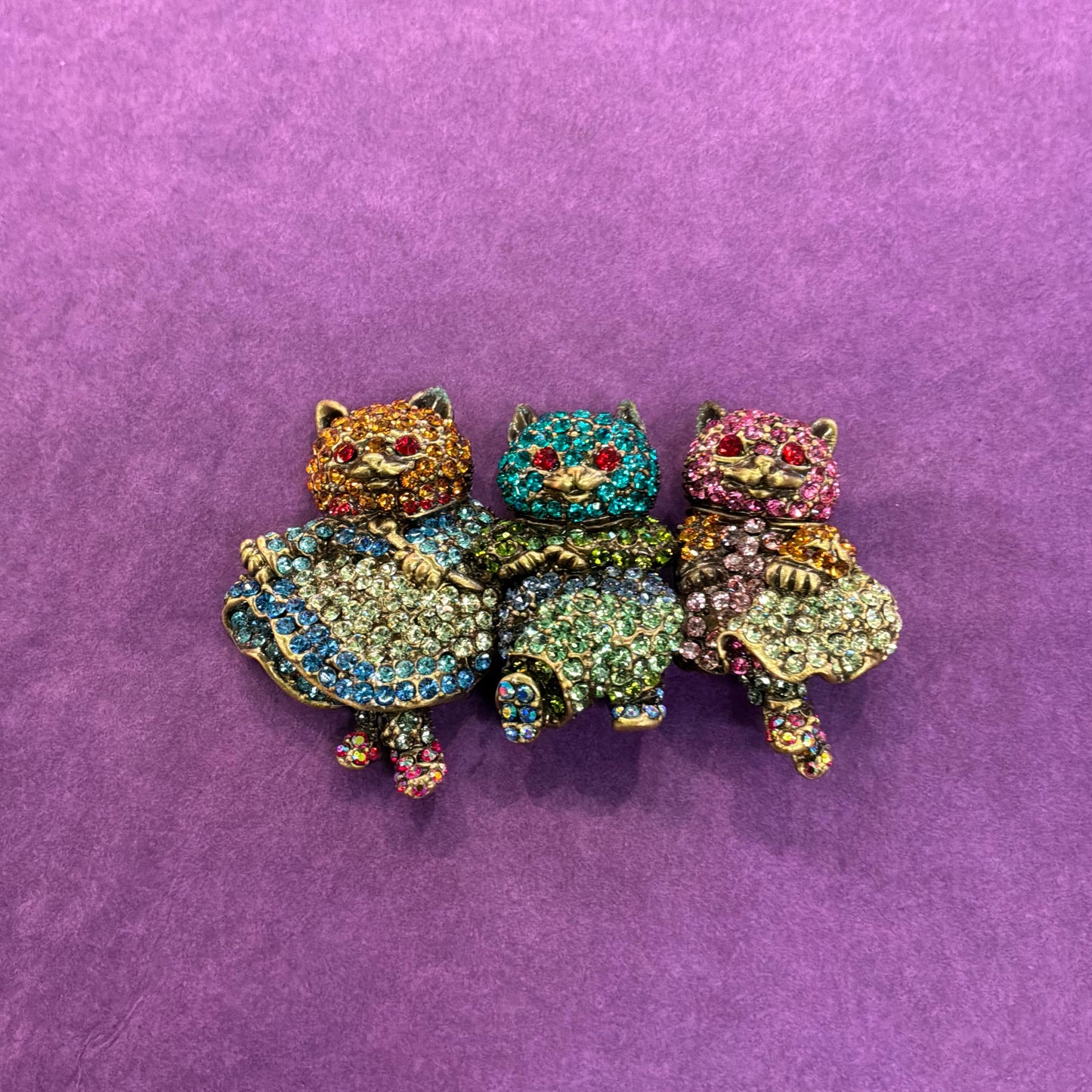 Vintage Butler and Wilson Large Crystal Dancing Cats Brooch, Old gold tone with rainbow rhinestones