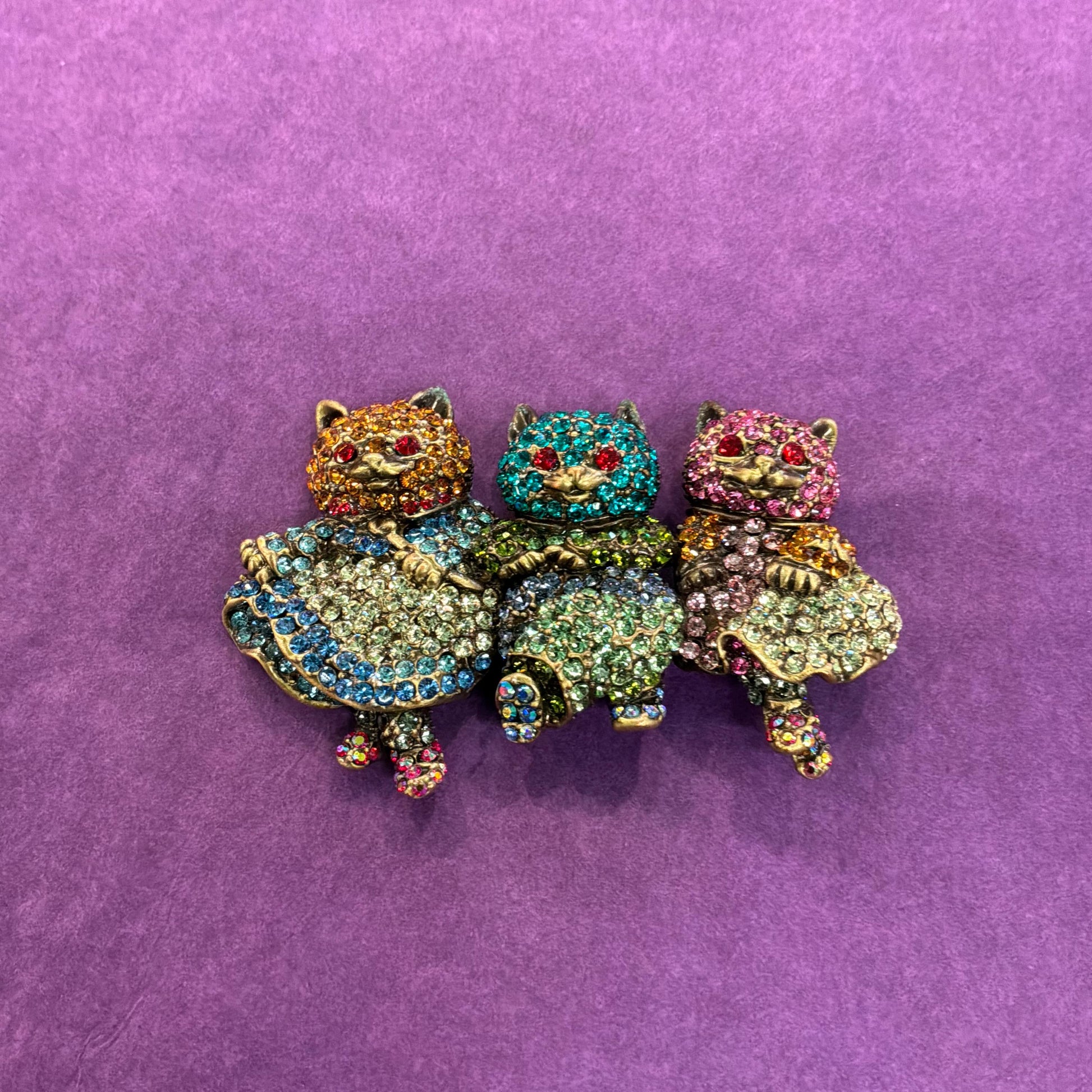 Vintage Butler and Wilson Large Crystal Dancing Cats Brooch, Old gold tone with rainbow rhinestones
