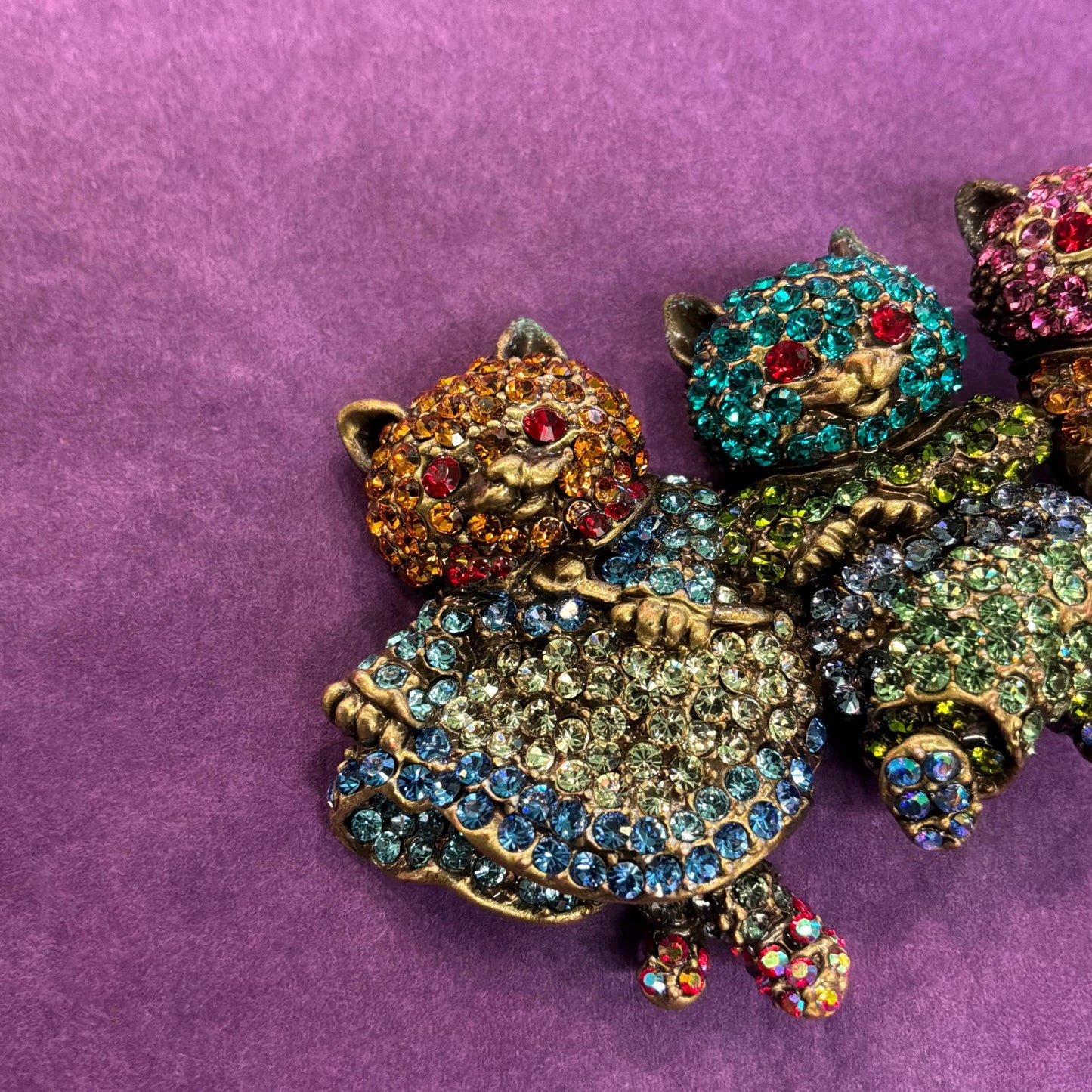 Vintage Butler and Wilson Large Crystal Dancing Cats Brooch, Old gold tone with rainbow rhinestones