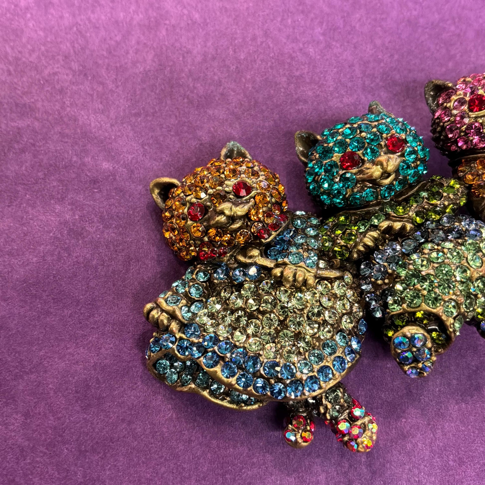 Vintage Butler and Wilson Large Crystal Dancing Cats Brooch, Old gold tone with rainbow rhinestones