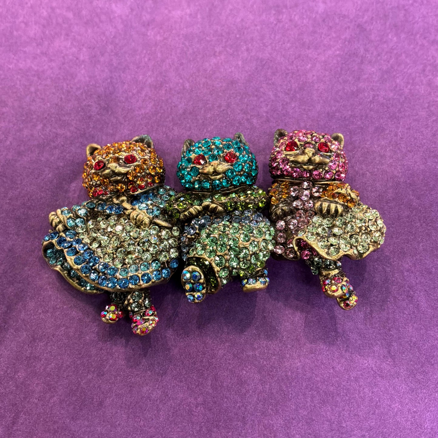 Vintage Butler and Wilson Large Crystal Dancing Cats Brooch, Old gold tone with rainbow rhinestones