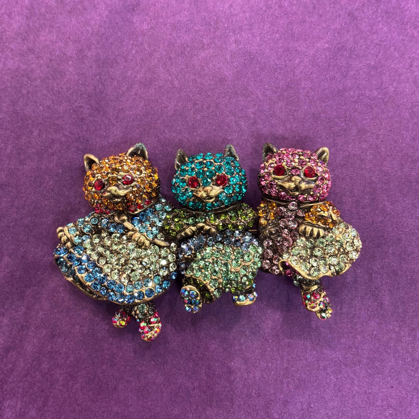 Vintage Butler and Wilson Large Crystal Dancing Cats Brooch, Old gold tone with rainbow rhinestones
