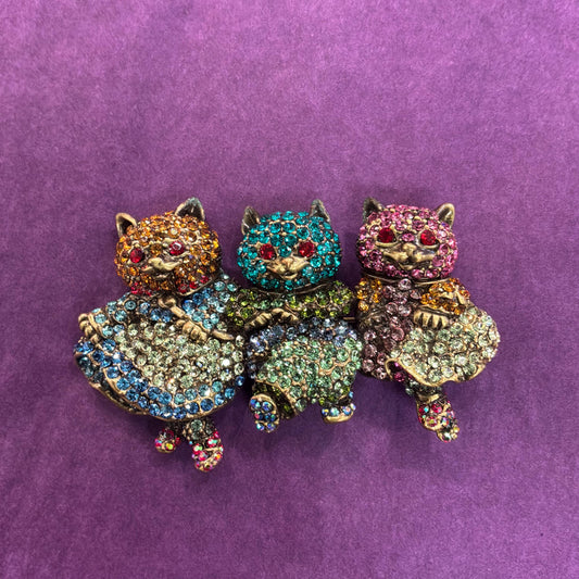 Vintage Butler and Wilson Large Crystal Dancing Cats Brooch, Old gold tone with rainbow rhinestones