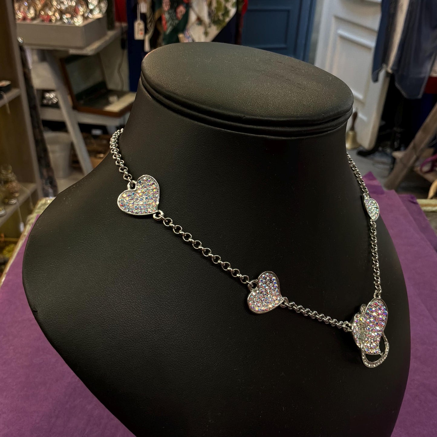 Vintage Butler and Wilson Crystal Heart Pendant Necklace, silver tone with Borealis rhinestones
