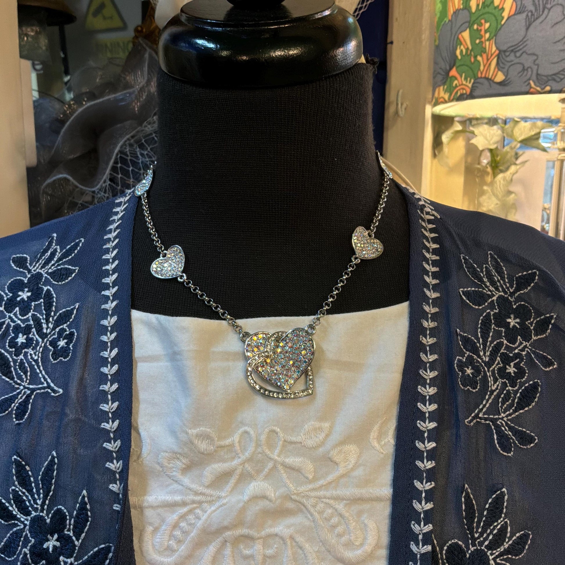 Vintage Butler and Wilson Crystal Heart Pendant Necklace, silver tone with Borealis rhinestones