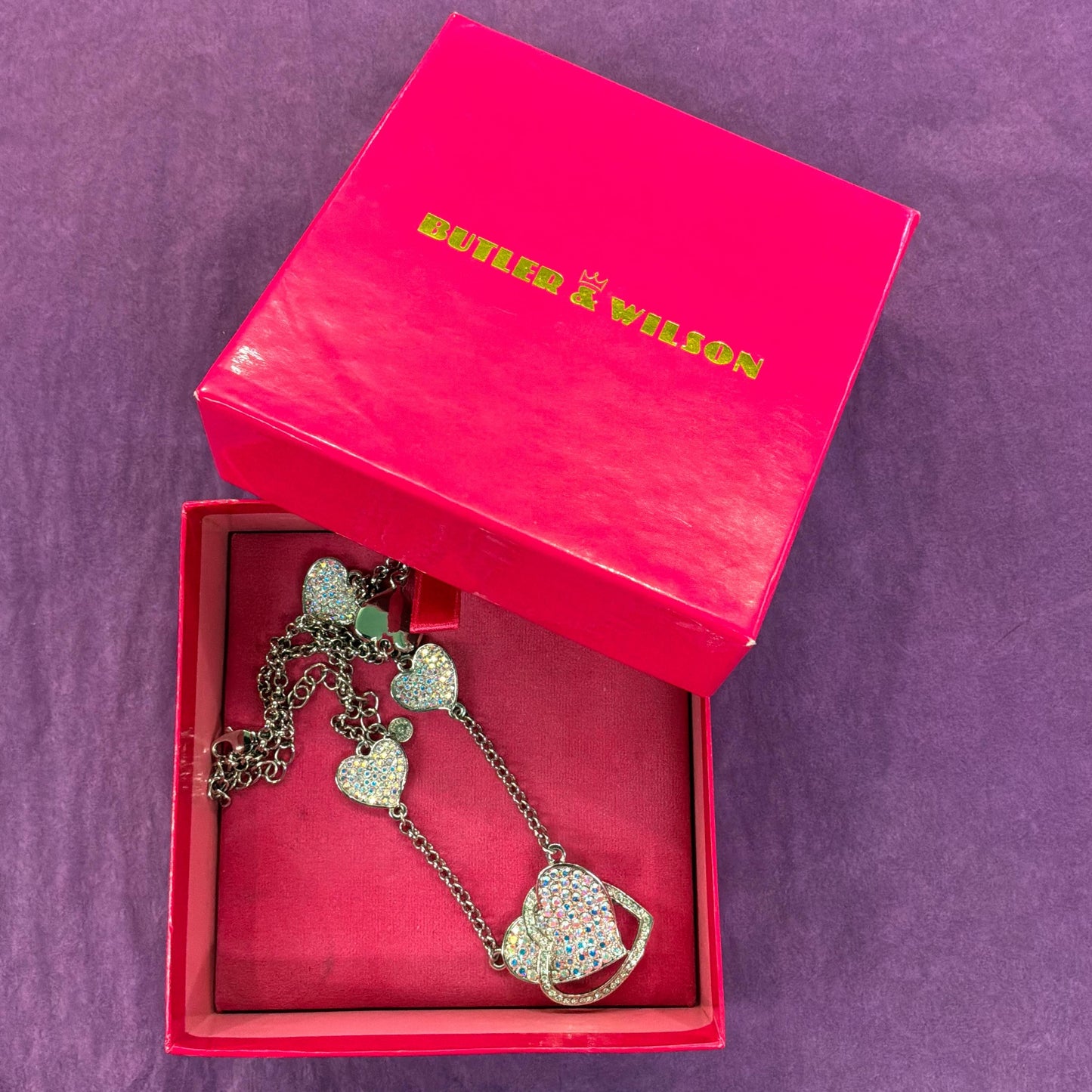 Vintage Butler and Wilson Crystal Heart Pendant Necklace, silver tone with Borealis rhinestones