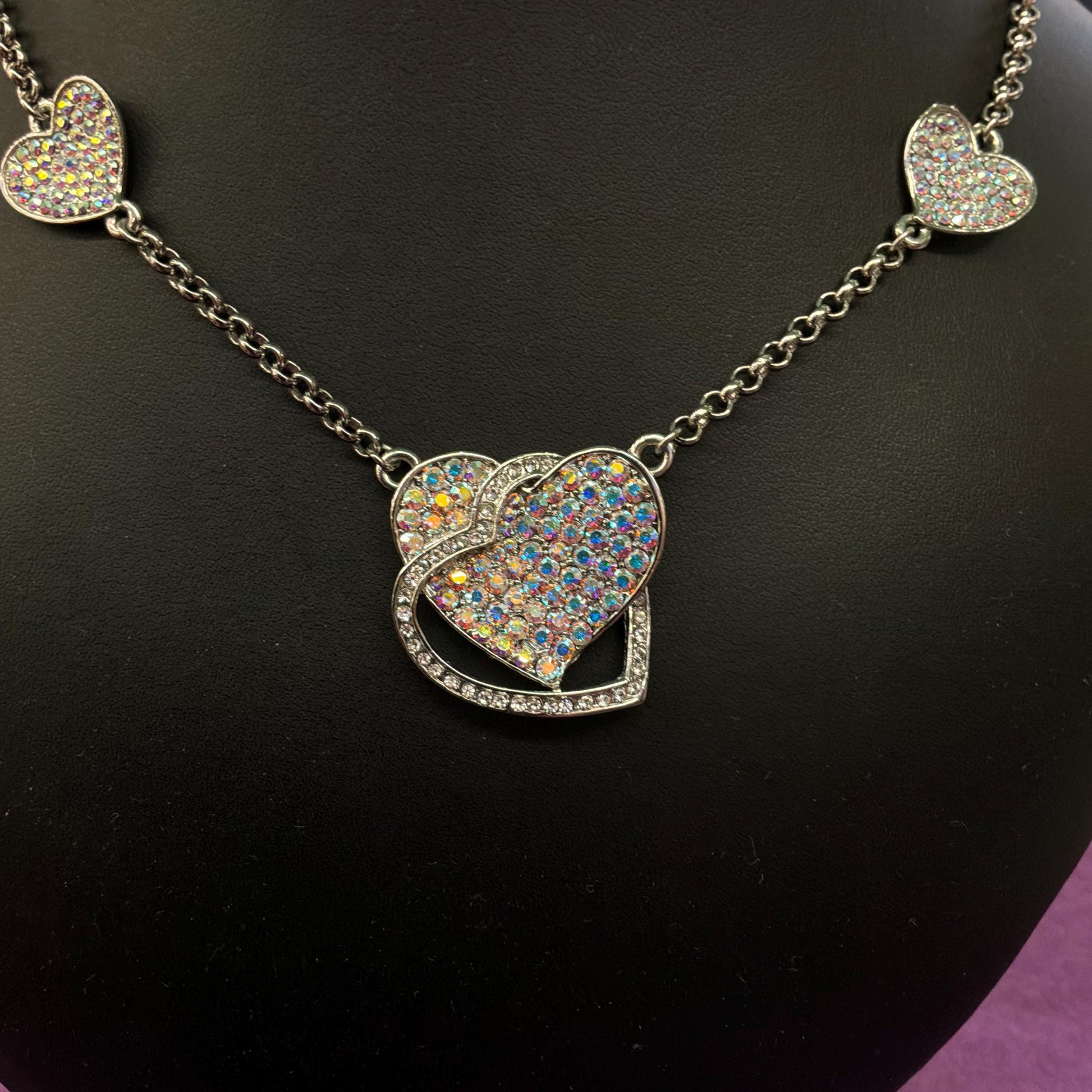Vintage Butler and Wilson Crystal Heart Pendant Necklace, silver tone with Borealis rhinestones