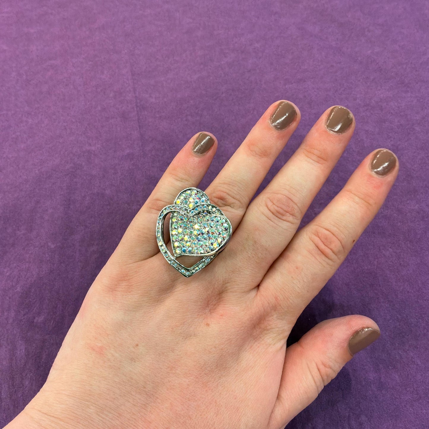 Vintage Butler and Wilson Crystal Statement Double Heart Ring , Size UK R US Size 8.75