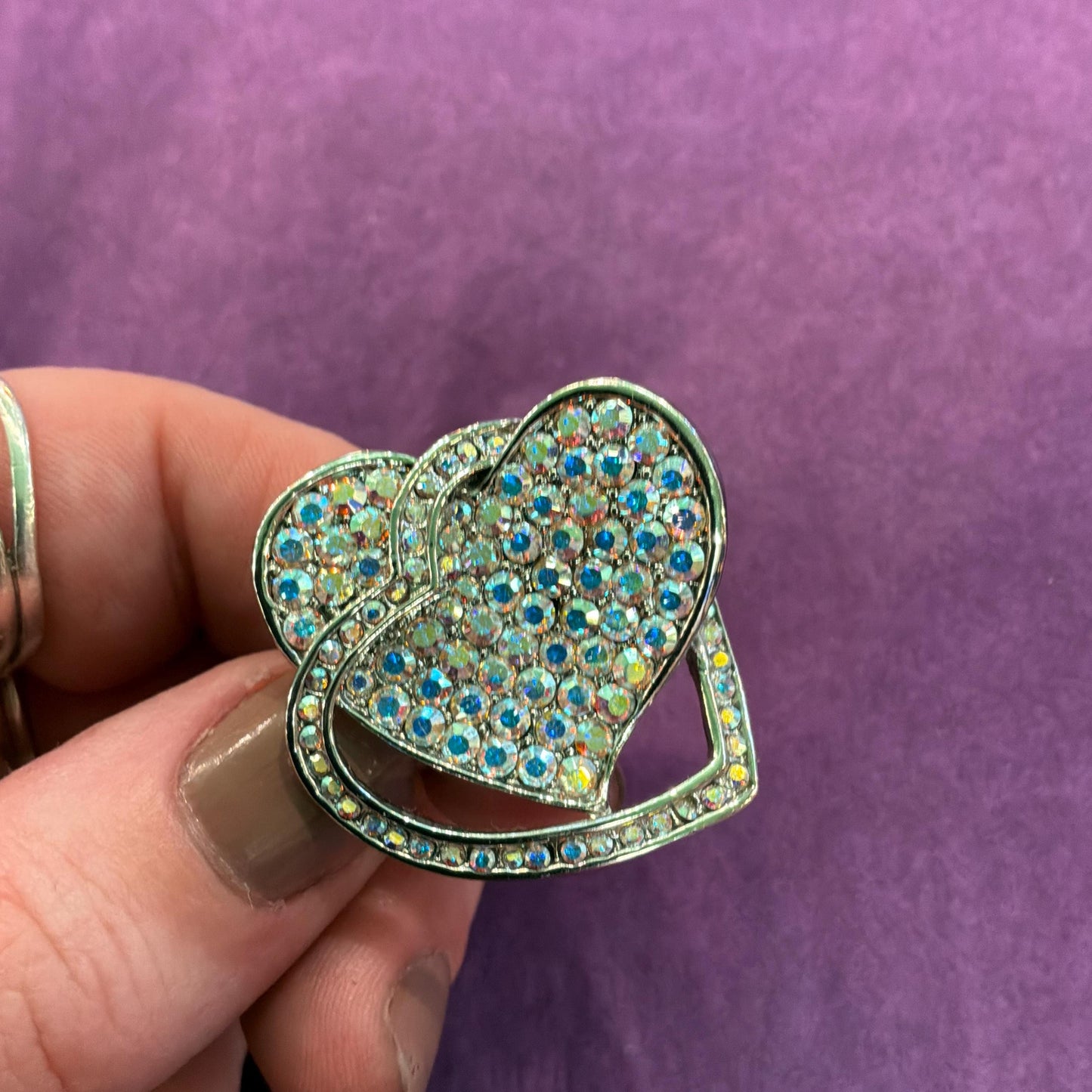 Vintage Butler and Wilson Crystal Statement Double Heart Ring , Size UK R US Size 8.75