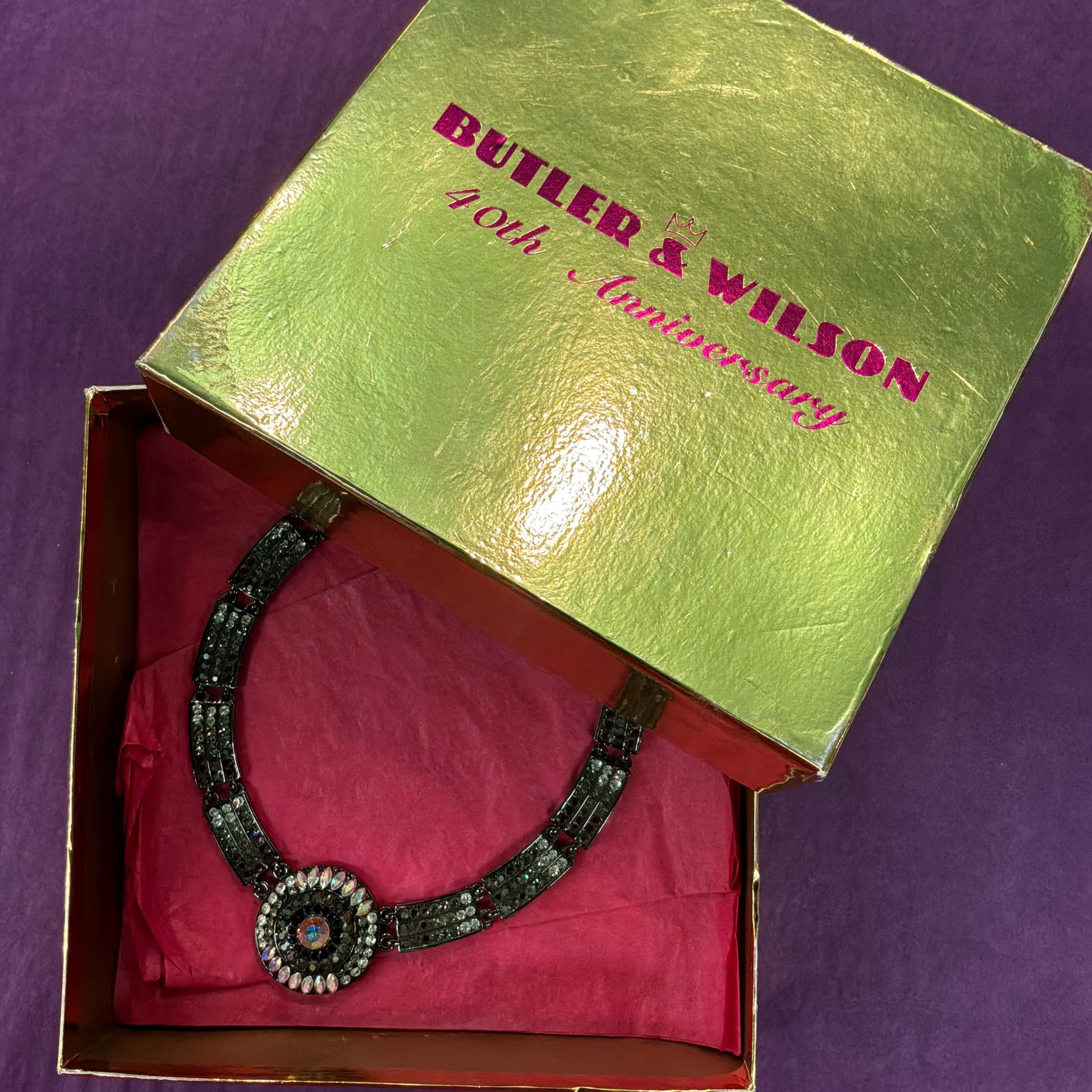 Vintage Butler and Wilson Crystal Dark Pewter Art Deco Style Panel Necklace