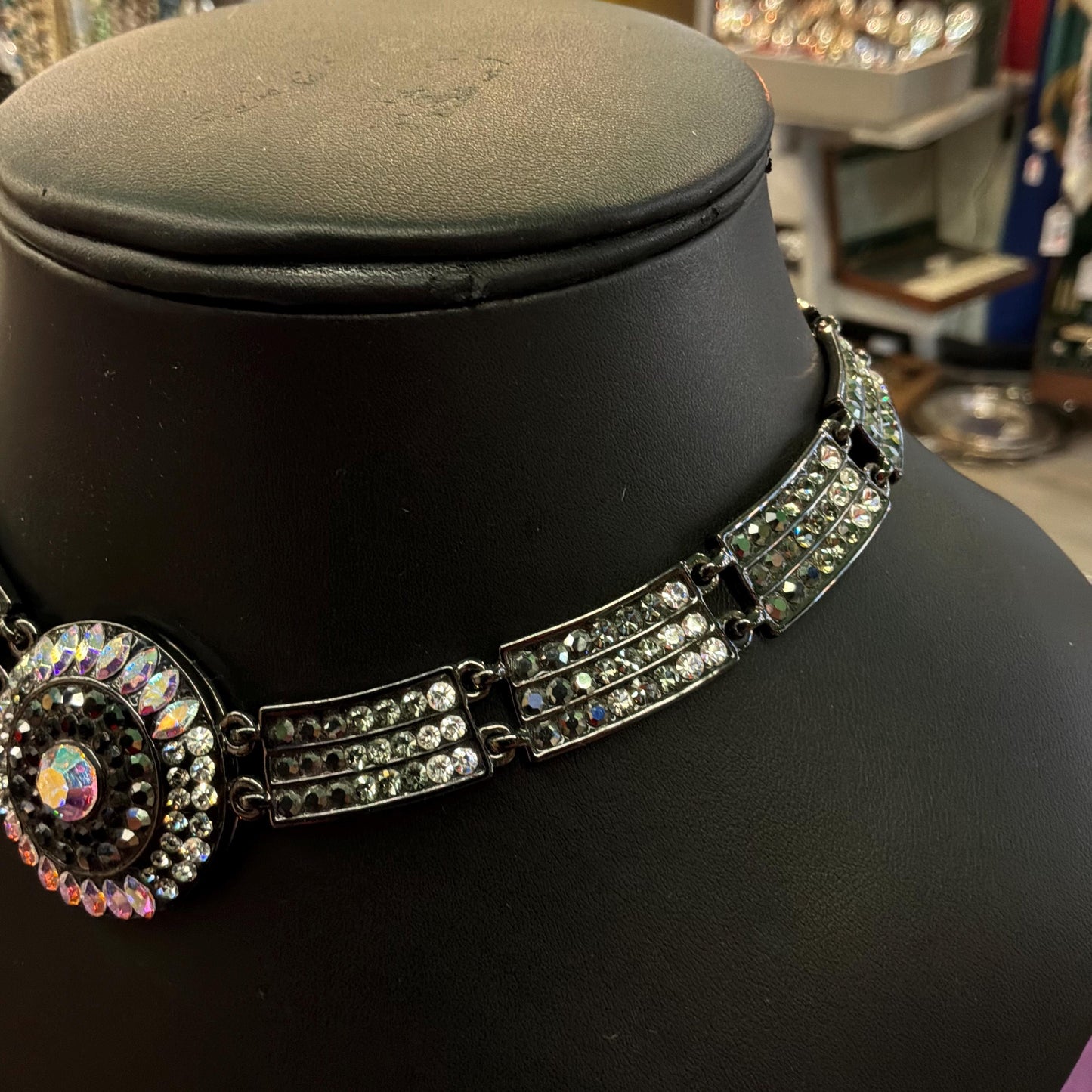 Vintage Butler and Wilson Crystal Dark Pewter Art Deco Style Panel Necklace