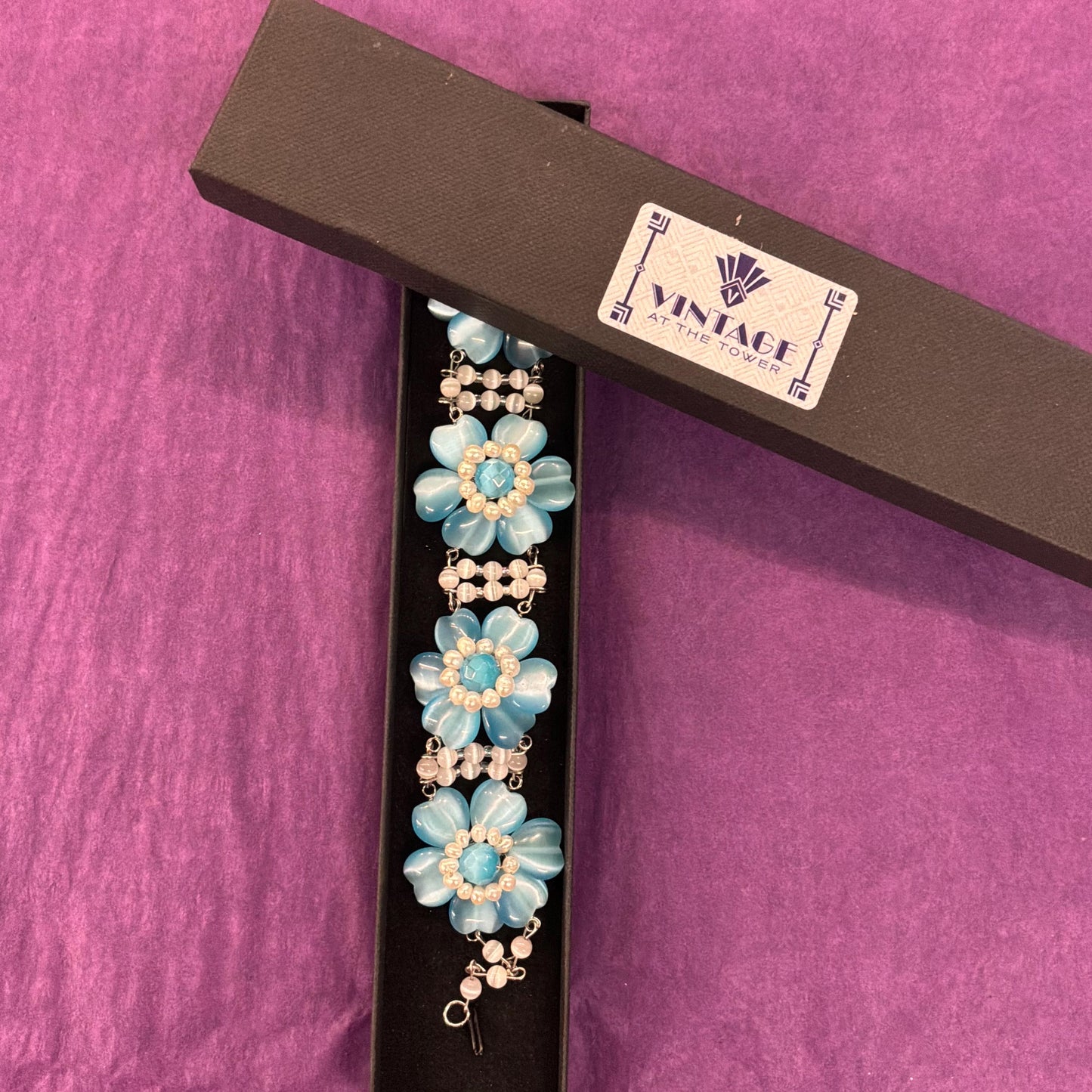 Vintage Butler and Wilson Blue Crystal and Freshwater Pearl Floral Bracelet