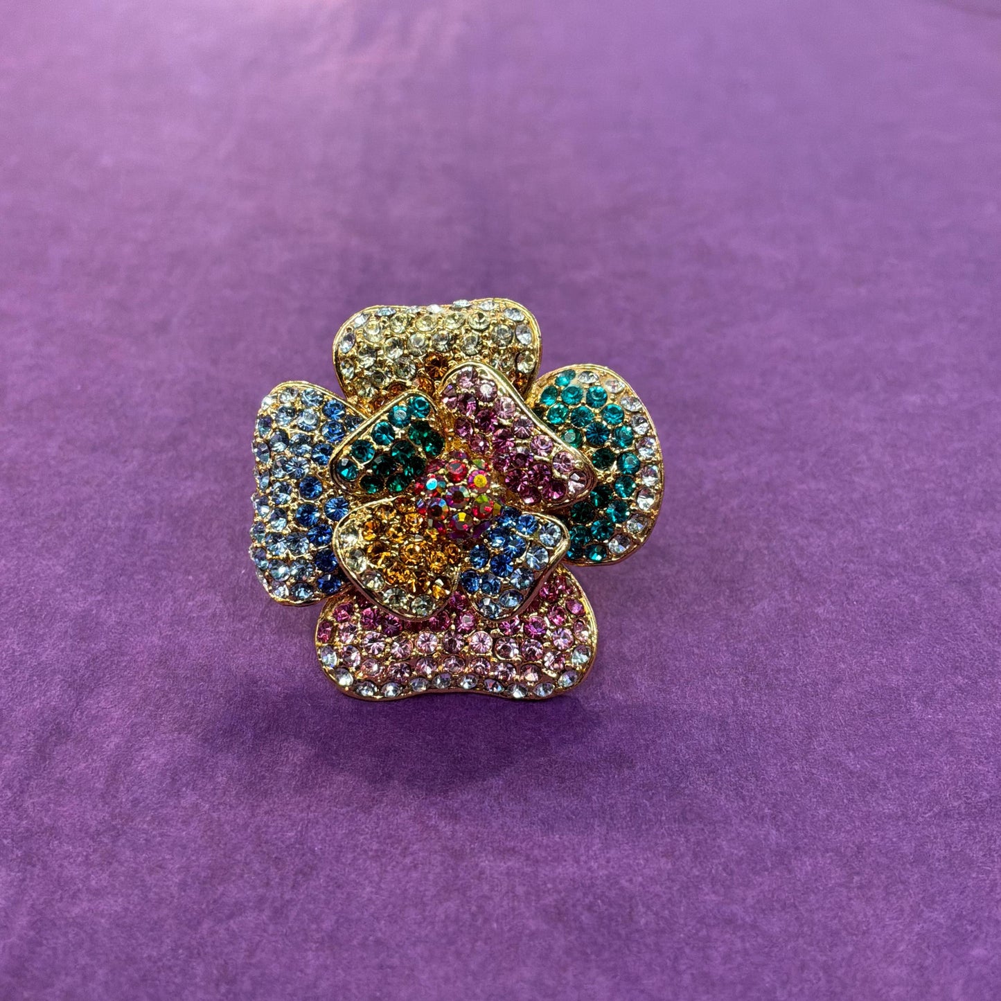 Vintage Butler and Wilson Rainbow Crystal Floral Statement Ring, Adjustable from UK Size Q, US 8.5