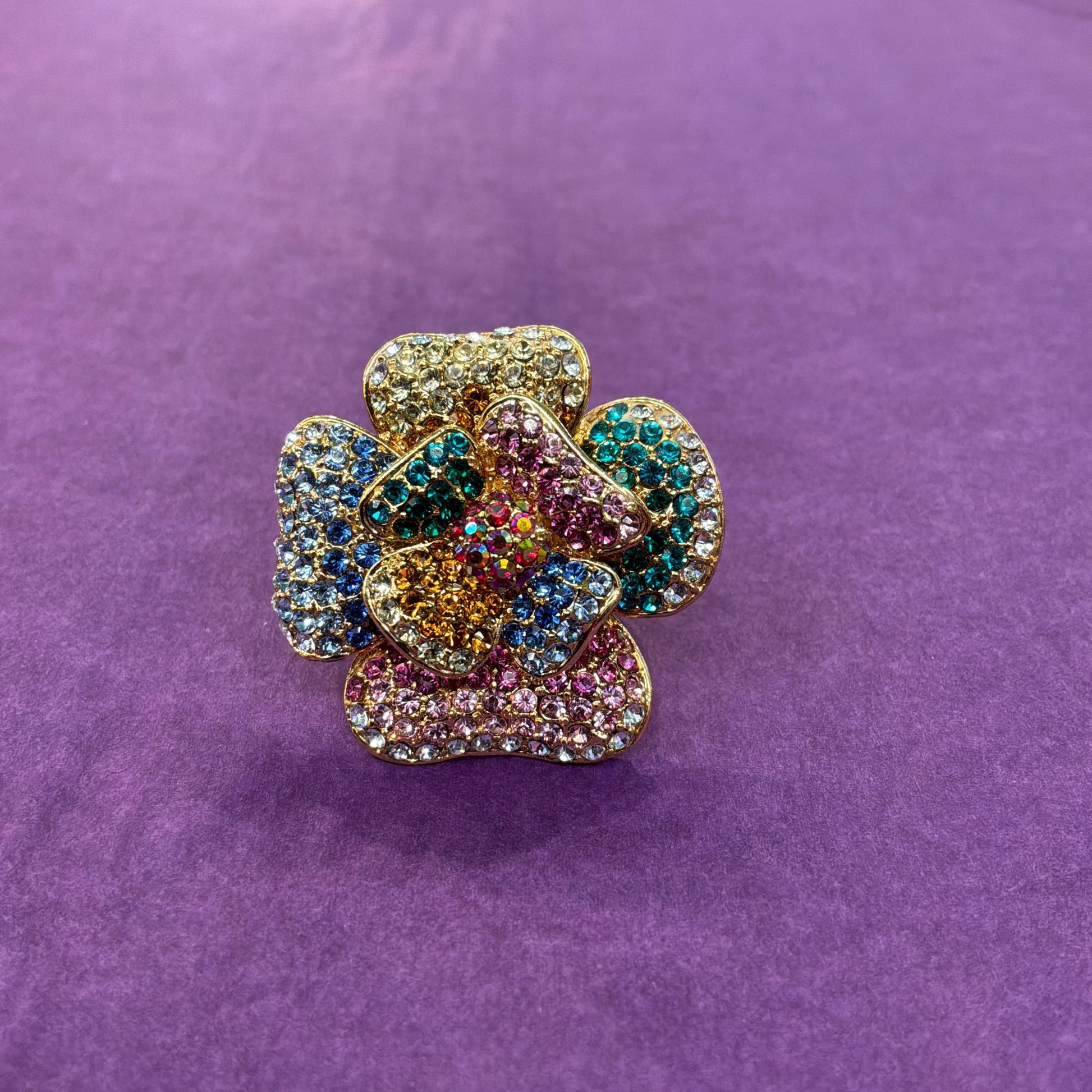 Vintage Butler and Wilson Rainbow Crystal Floral Statement Ring, Adjustable from UK Size Q, US 8.5