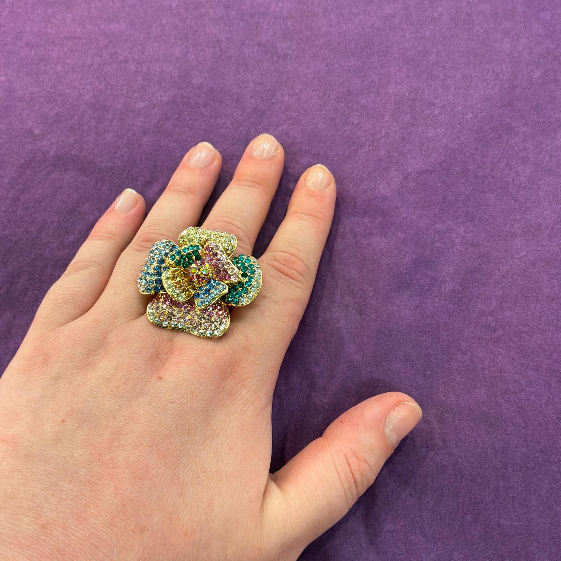 Vintage Butler and Wilson Rainbow Crystal Floral Statement Ring, Adjustable from UK Size Q, US 8.5