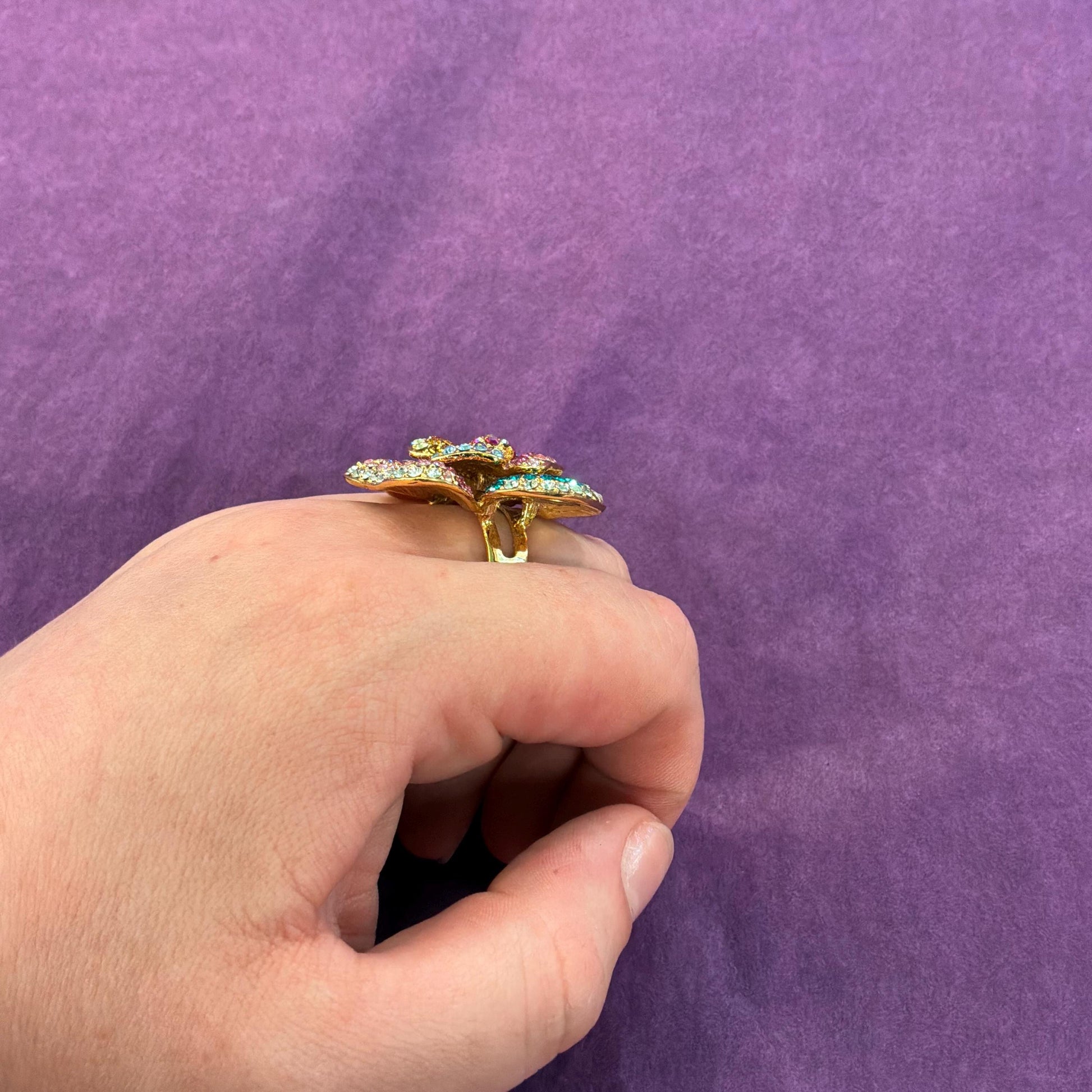 Vintage Butler and Wilson Rainbow Crystal Floral Statement Ring, Adjustable from UK Size Q, US 8.5