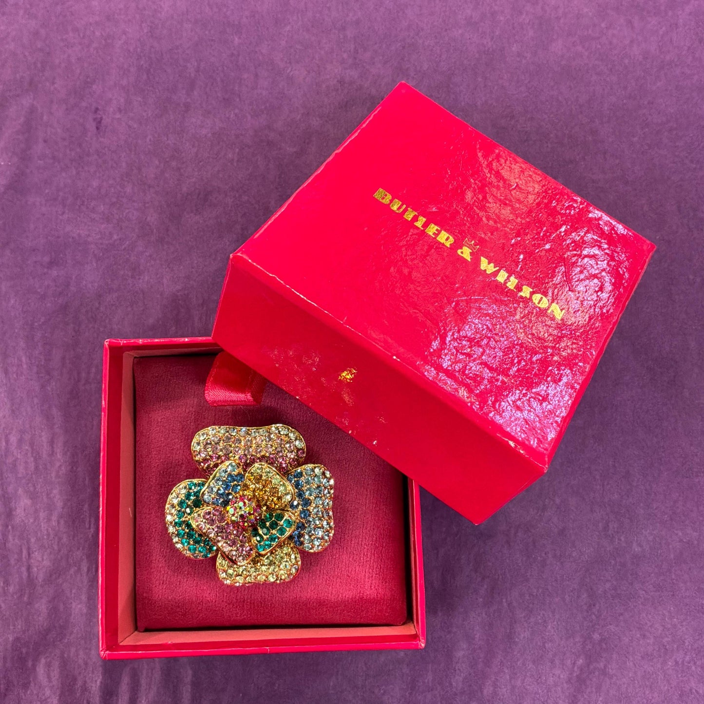 Vintage Butler and Wilson Rainbow Crystal Floral Statement Ring, Adjustable from UK Size Q, US 8.5