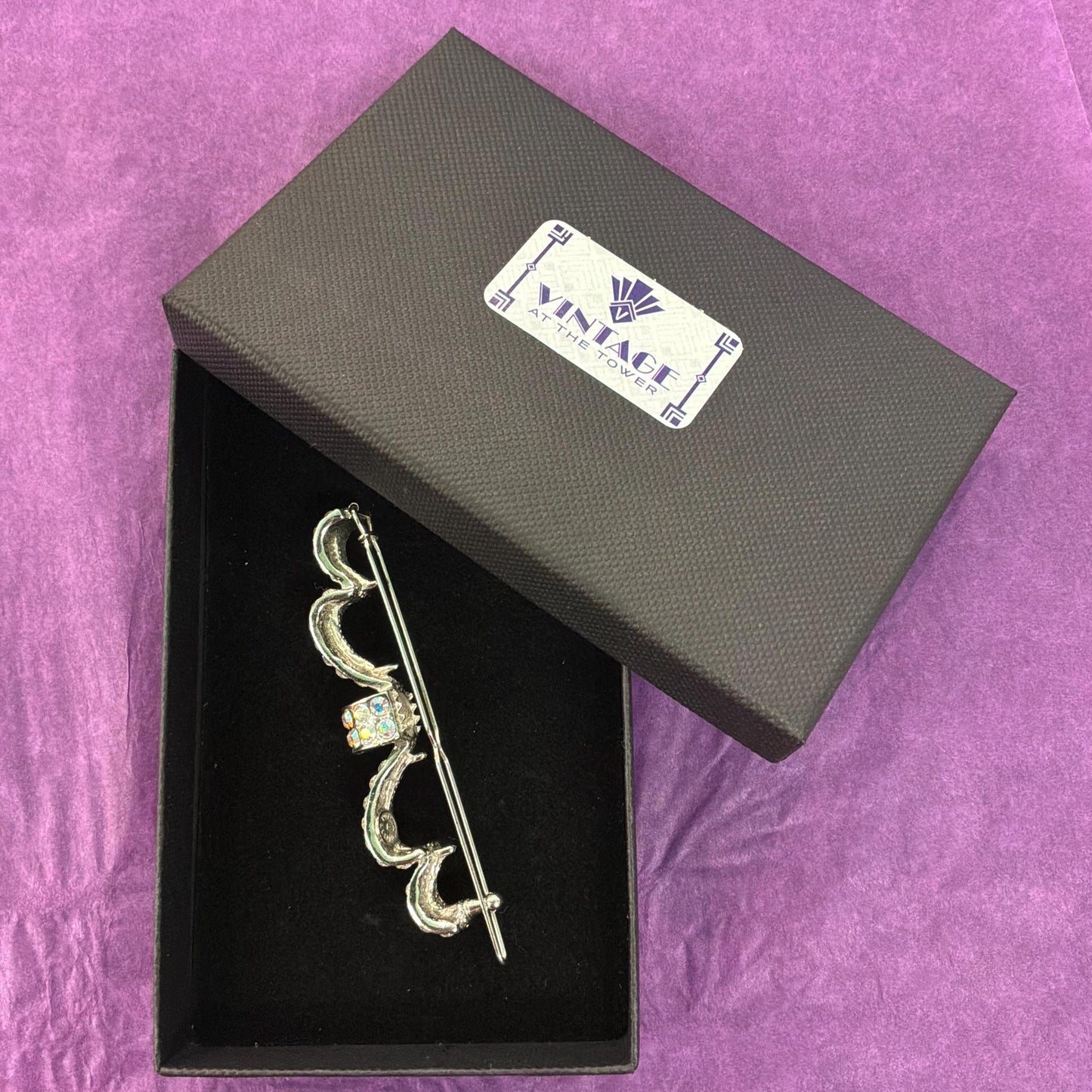 Vintage Butler and Wilson Silver and Aurora Borealis Crystal Bow Hairclip