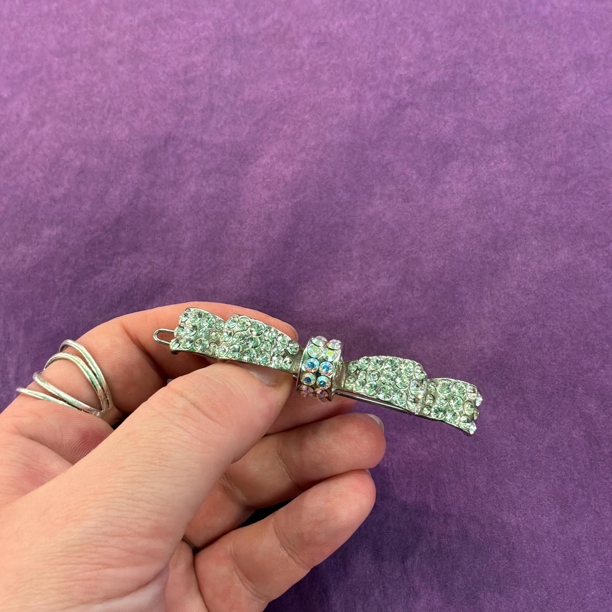Vintage Butler and Wilson Silver and Aurora Borealis Crystal Bow Hairclip