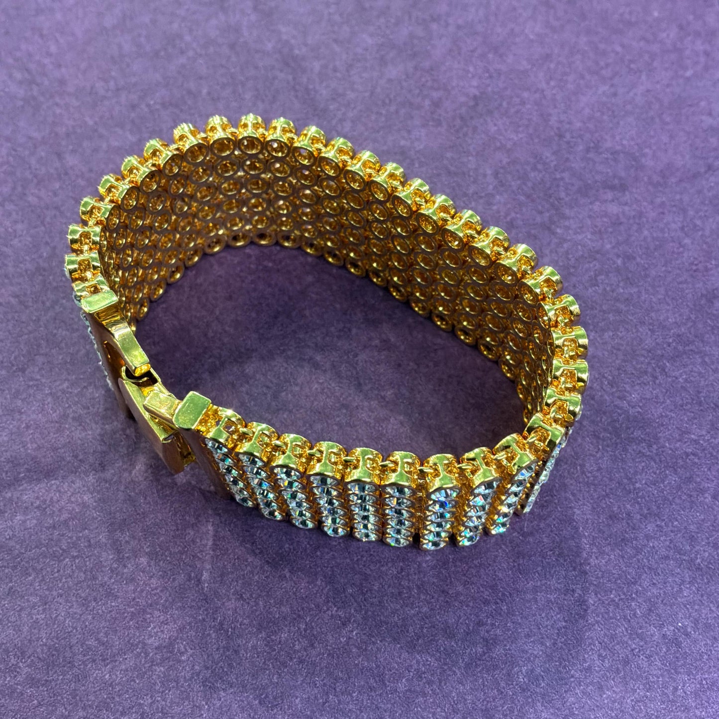 Vintage 1980s Statement Gold Tone and Silver Crystal Bracelet