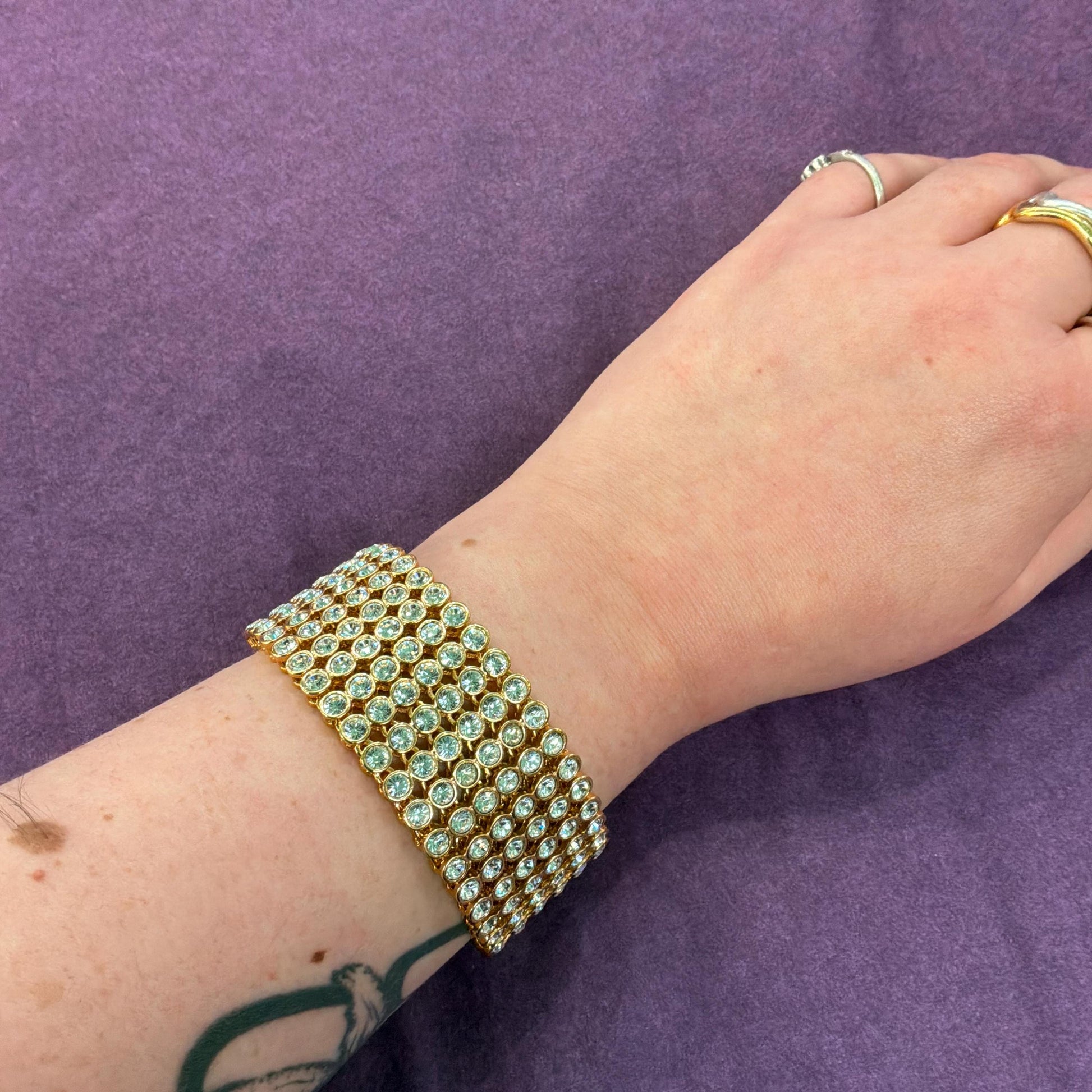 Vintage 1980s Statement Gold Tone and Silver Crystal Bracelet