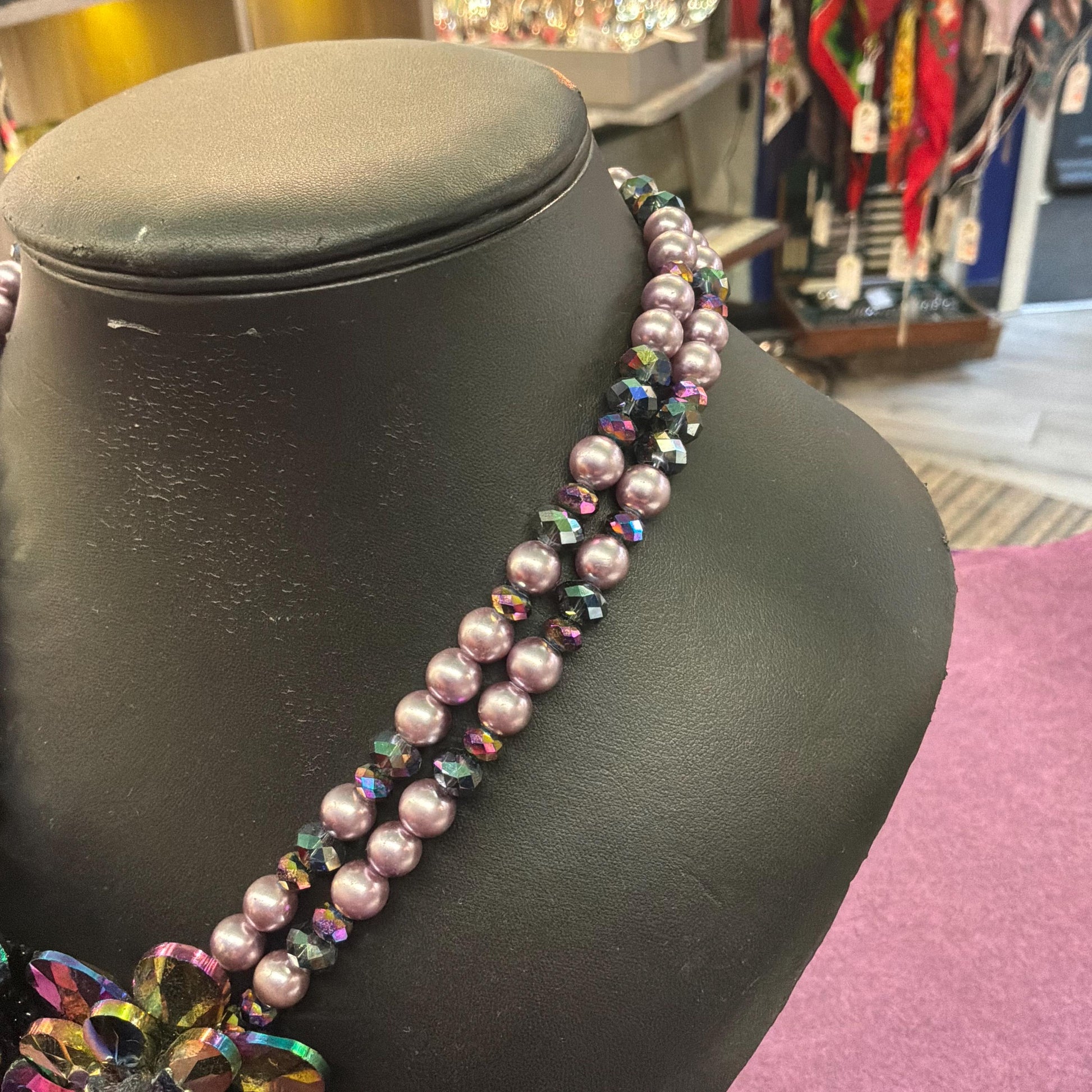Vintage Butler and Wilson Purple Borealis Crystal and Faux Pearl Floral Statement Necklace