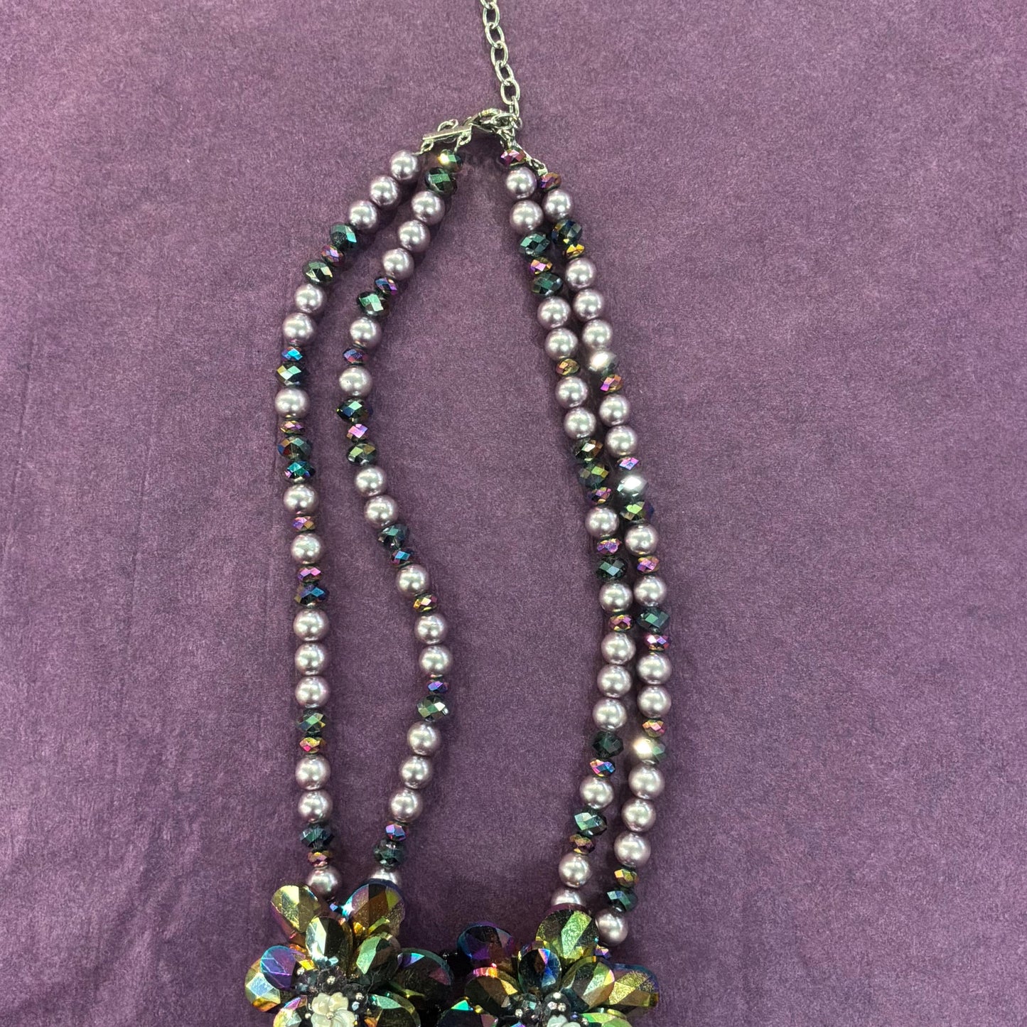 Vintage Butler and Wilson Purple Borealis Crystal and Faux Pearl Floral Statement Necklace