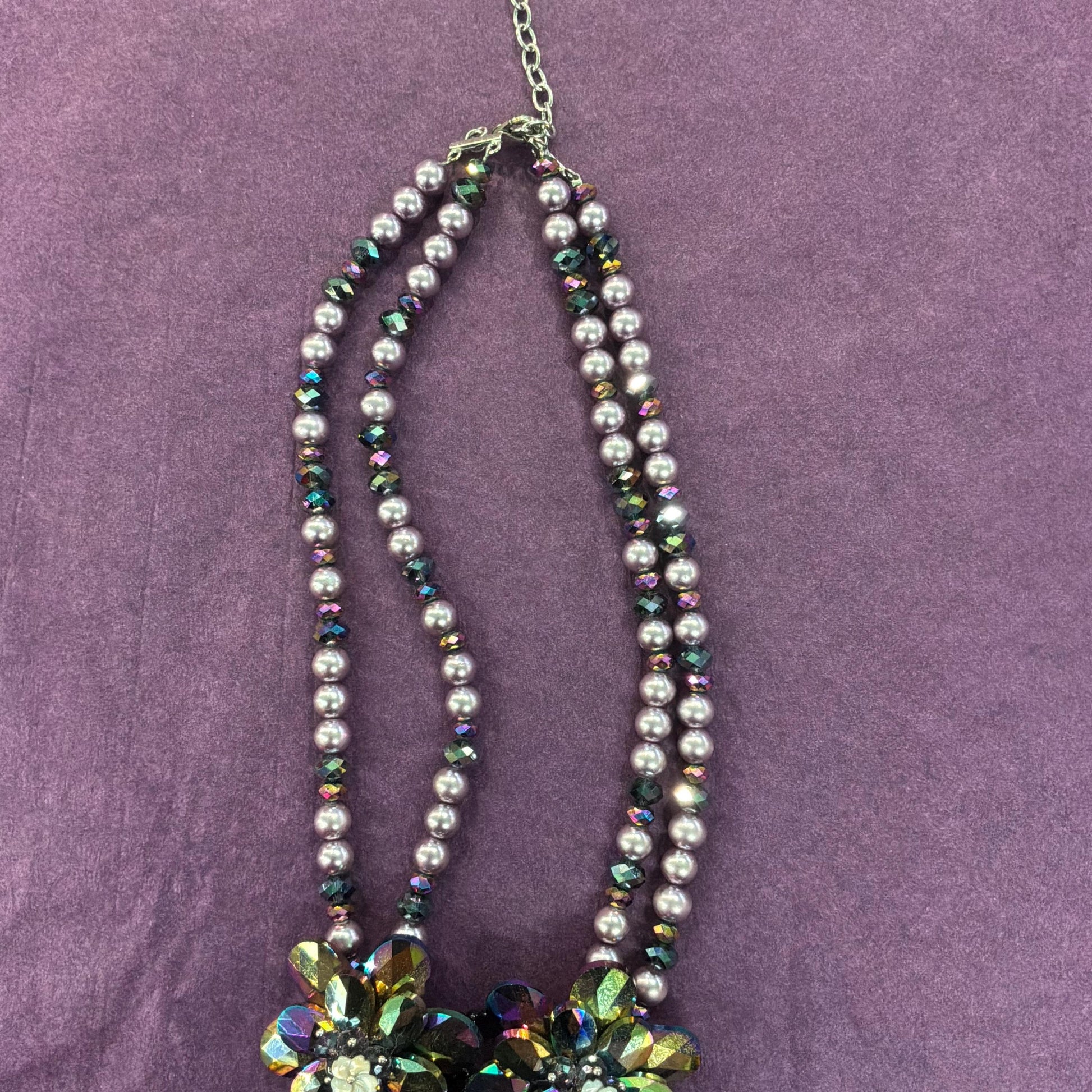Vintage Butler and Wilson Purple Borealis Crystal and Faux Pearl Floral Statement Necklace