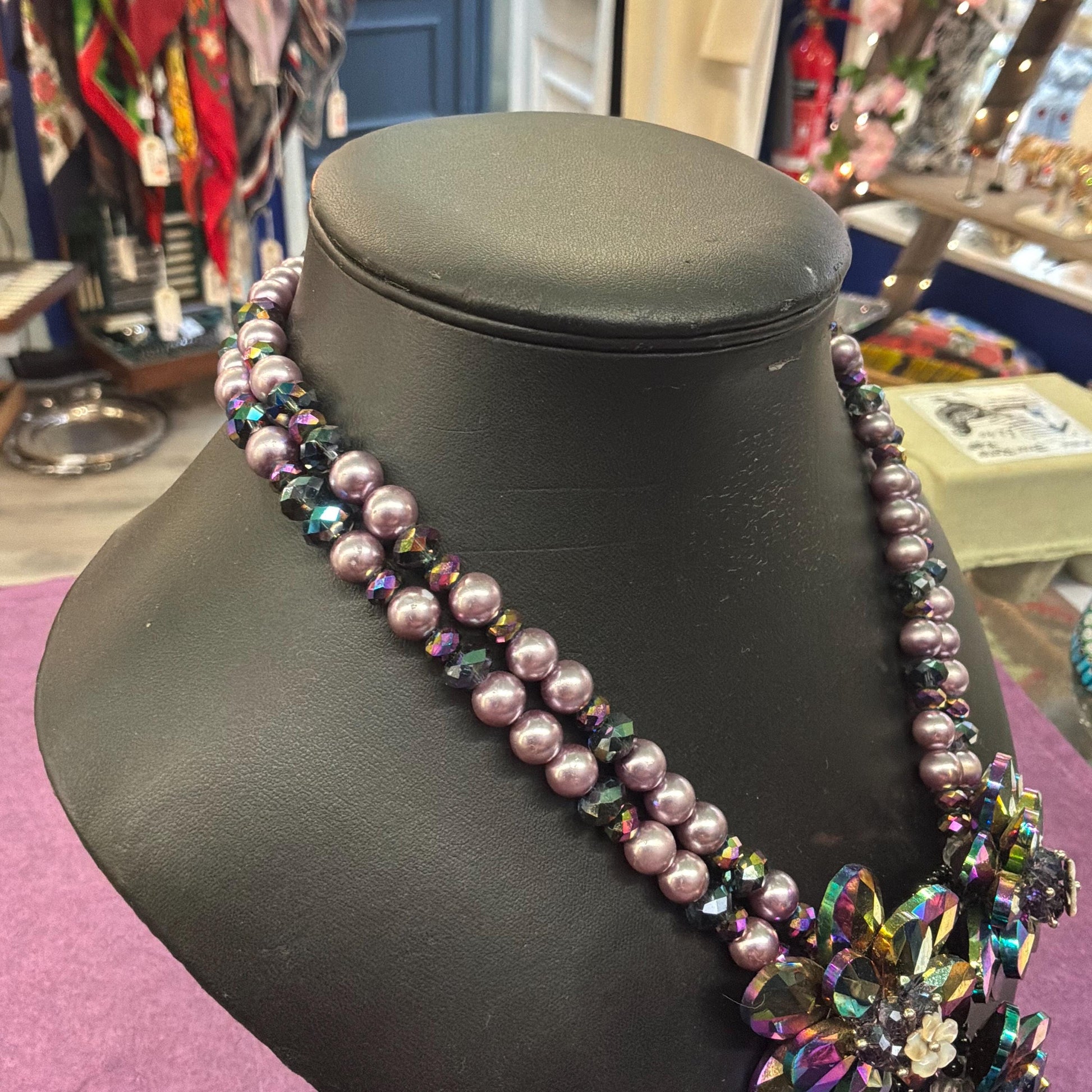 Vintage Butler and Wilson Purple Borealis Crystal and Faux Pearl Floral Statement Necklace