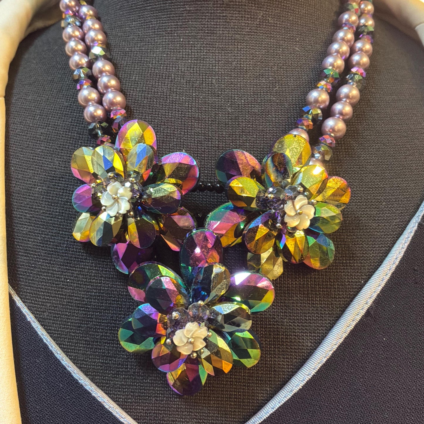 Vintage Butler and Wilson Purple Borealis Crystal and Faux Pearl Floral Statement Necklace