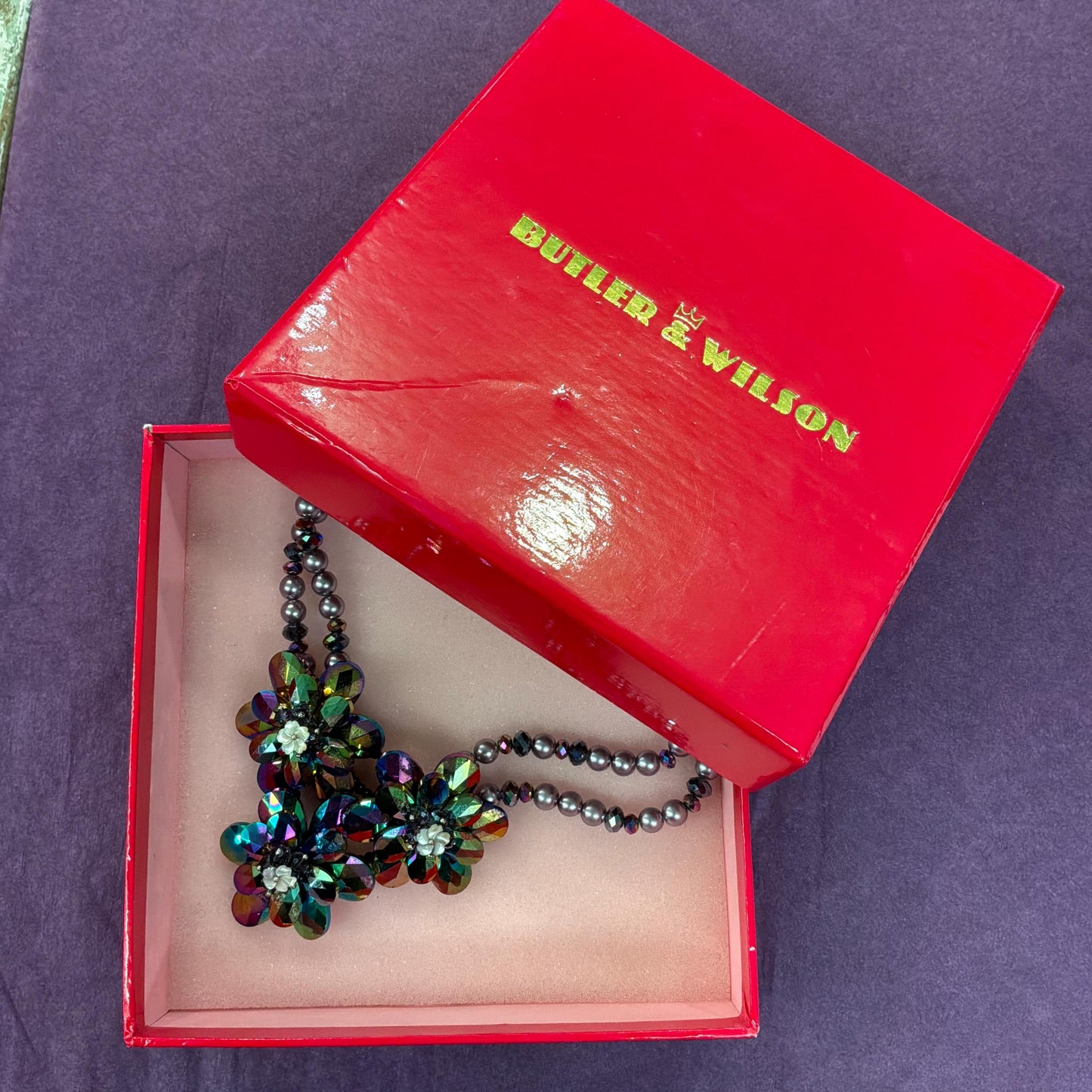 Vintage Butler and Wilson Purple Borealis Crystal and Faux Pearl Floral Statement Necklace