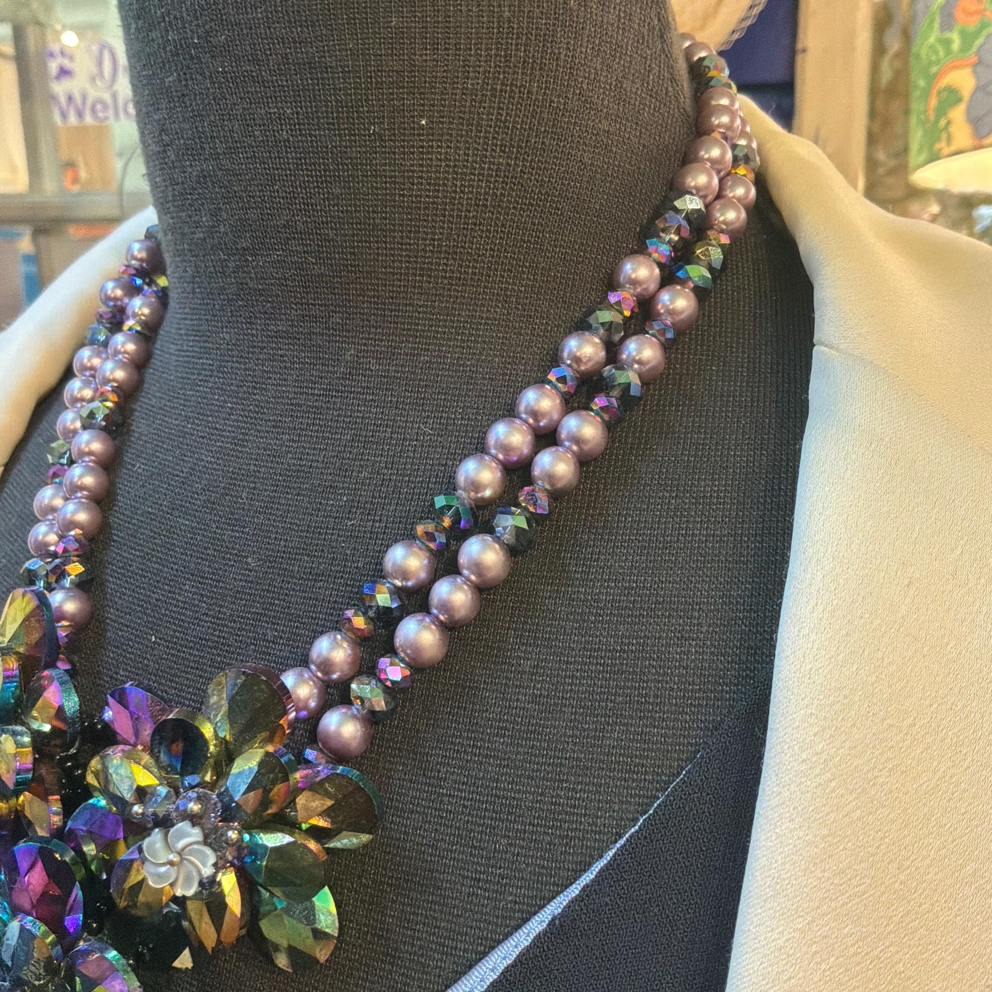 Vintage Butler and Wilson Purple Borealis Crystal and Faux Pearl Floral Statement Necklace