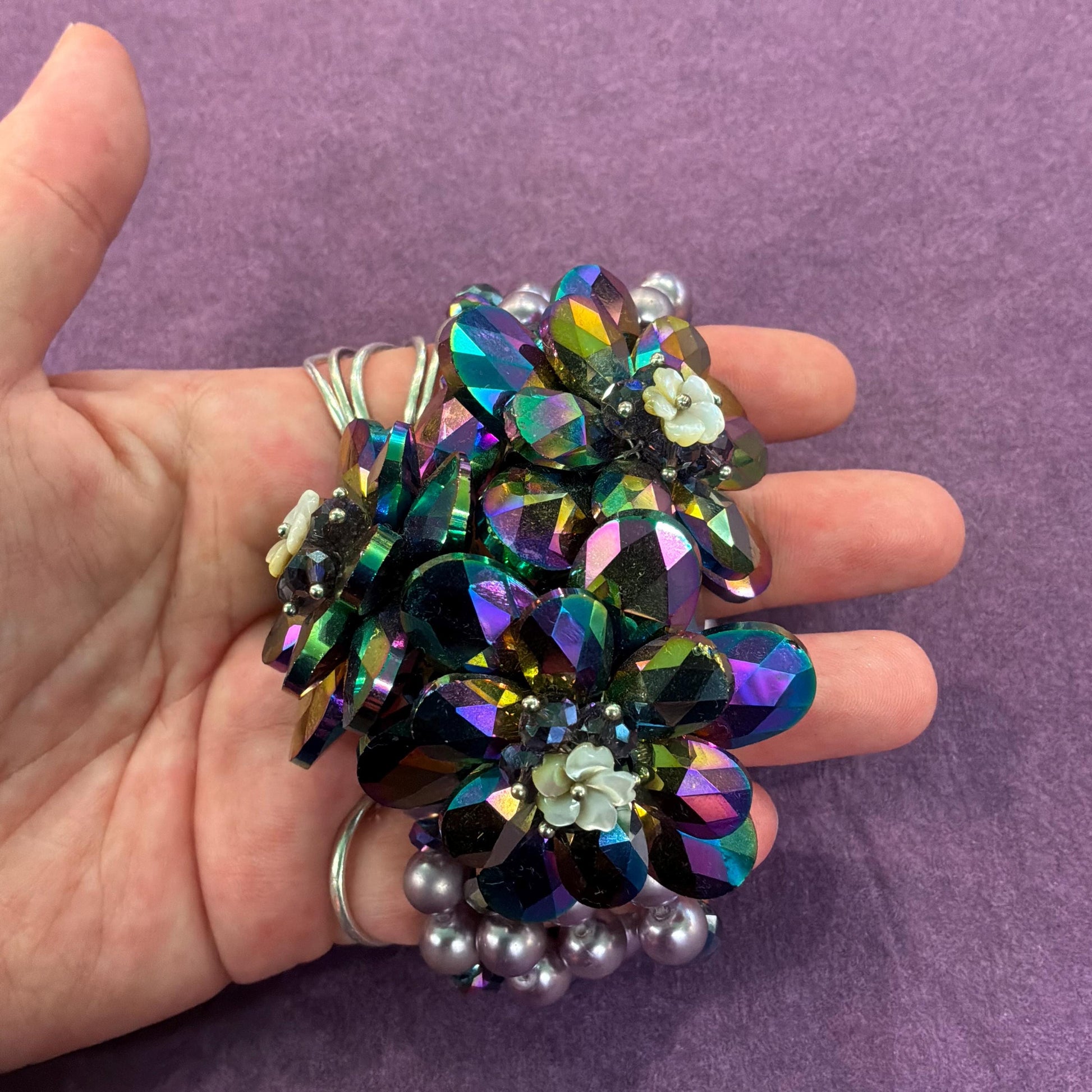 Vintage Butler and Wilson Purple Borealis Crystal and Faux Pearl Flower Beaded Statement Bracelet