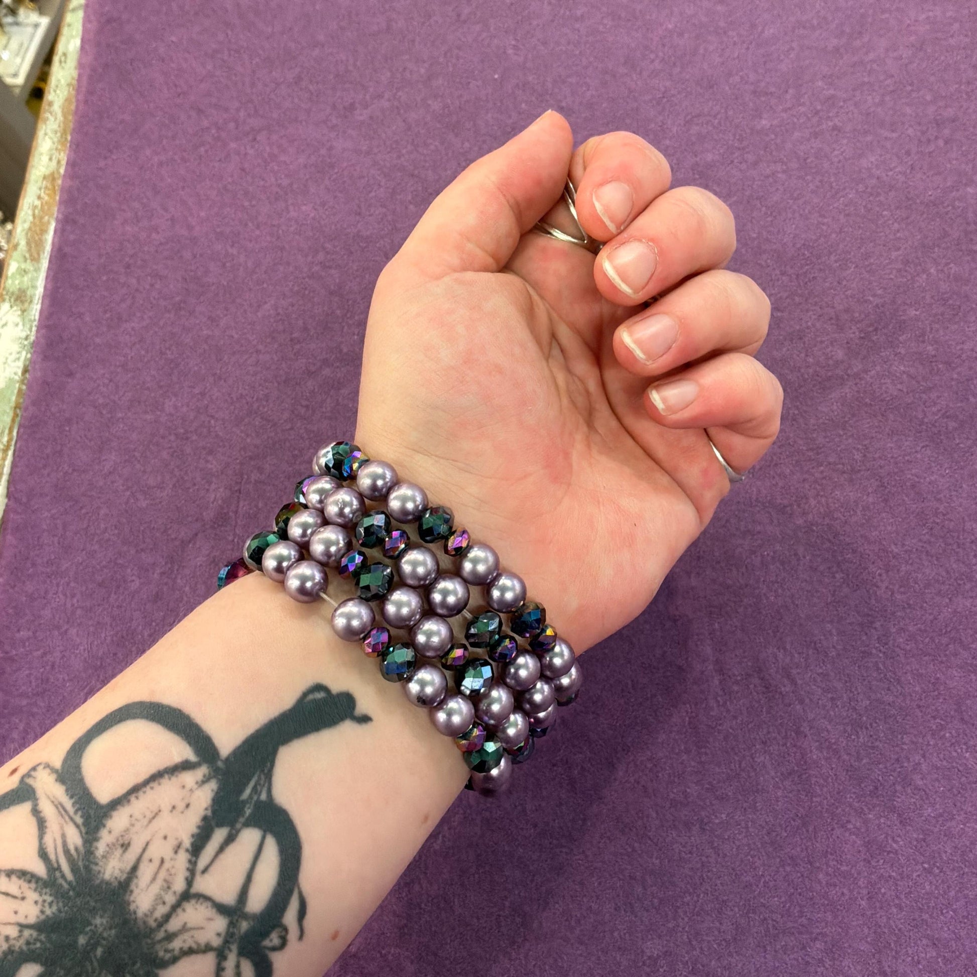Vintage Butler and Wilson Purple Borealis Crystal and Faux Pearl Flower Beaded Statement Bracelet