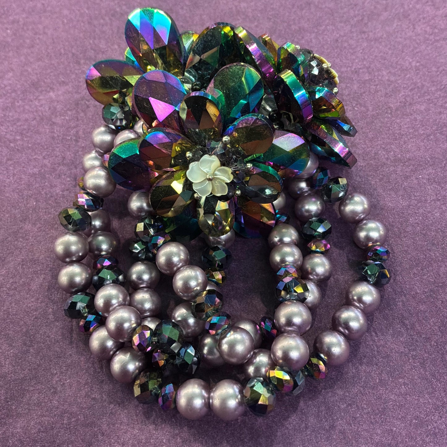 Vintage Butler and Wilson Purple Borealis Crystal and Faux Pearl Flower Beaded Statement Bracelet