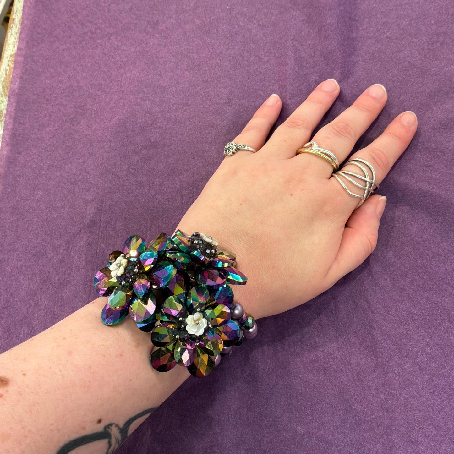 Vintage Butler and Wilson Purple Borealis Crystal and Faux Pearl Flower Beaded Statement Bracelet