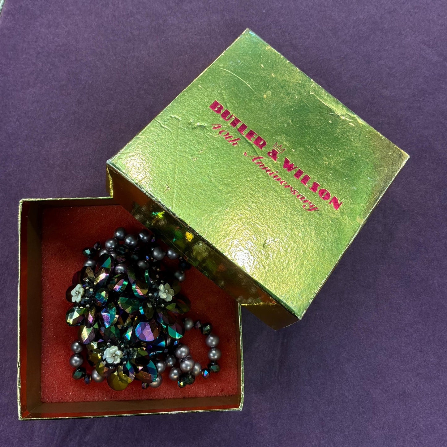 Vintage Butler and Wilson Purple Borealis Crystal and Faux Pearl Flower Beaded Statement Bracelet