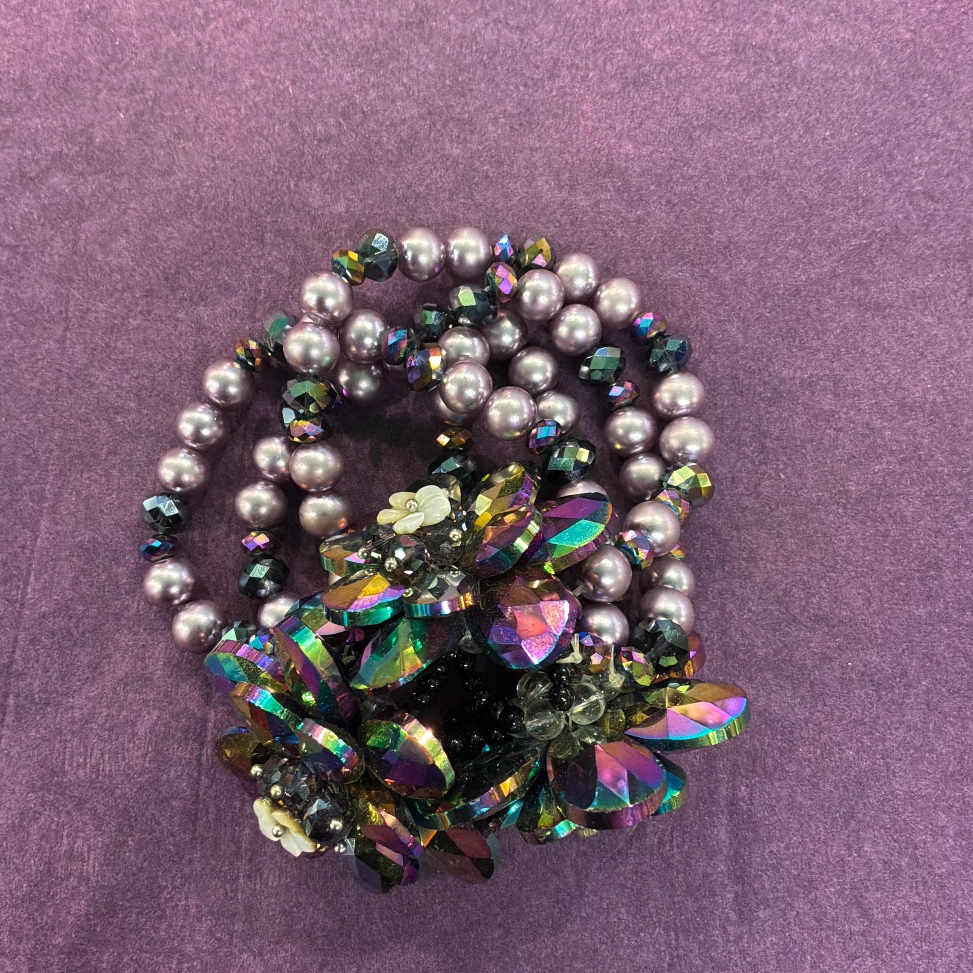 Vintage Butler and Wilson Purple Borealis Crystal and Faux Pearl Flower Beaded Statement Bracelet
