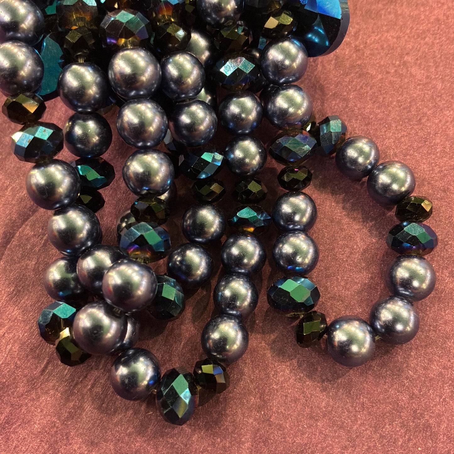 Vintage Butler and Wilson Blue Borealis Crystal and Faux Pearl Elasticated Floral Bracelet