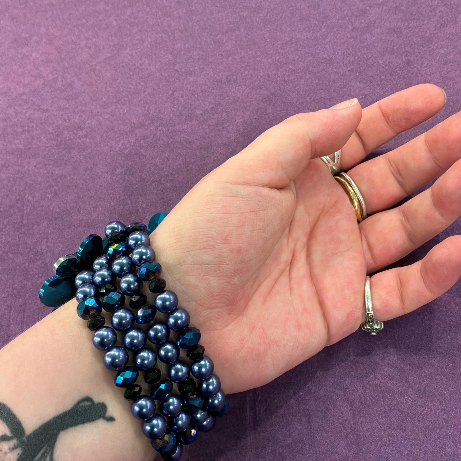 Vintage Butler and Wilson Blue Borealis Crystal and Faux Pearl Elasticated Floral Bracelet
