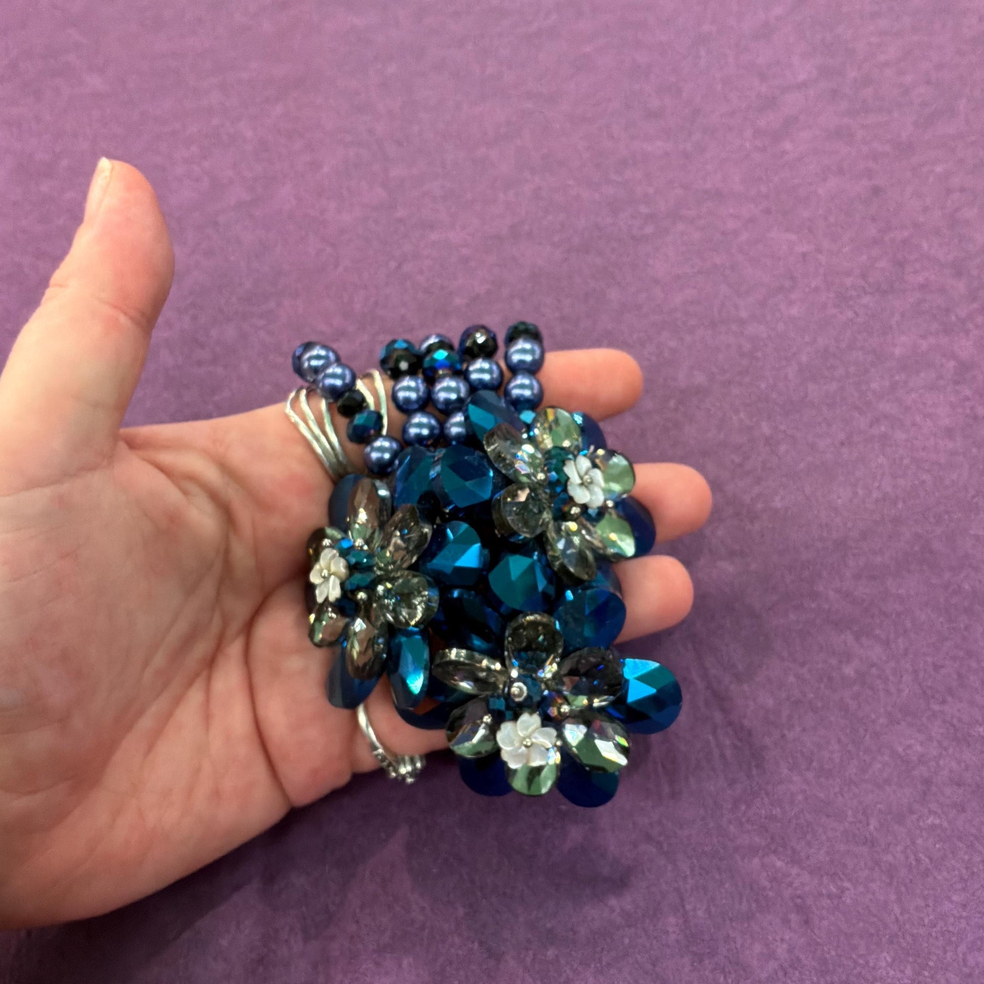 Vintage Butler and Wilson Blue Borealis Crystal and Faux Pearl Elasticated Floral Bracelet