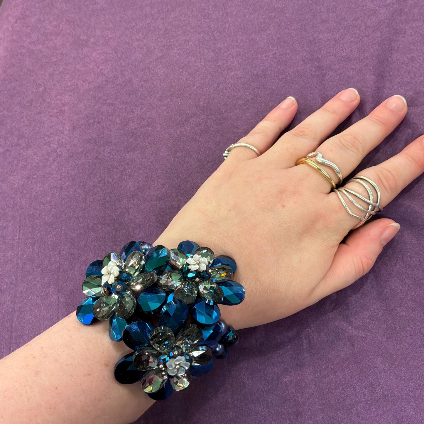 Vintage Butler and Wilson Blue Borealis Crystal and Faux Pearl Elasticated Floral Bracelet